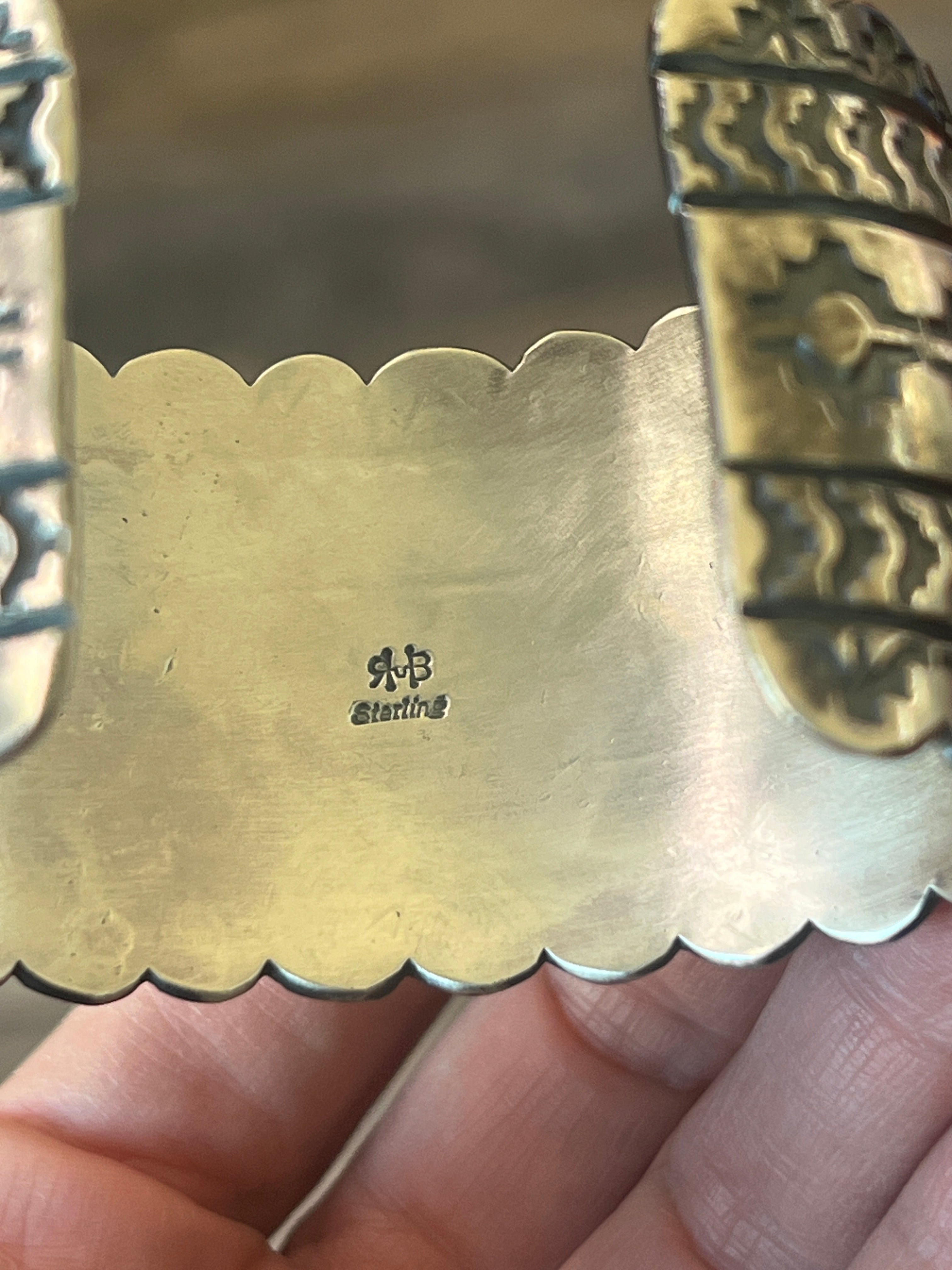 Navajo Hand Stamped Sterling Silver and Blackjack Turquoise Cuff Bracelet by Randy Boyd