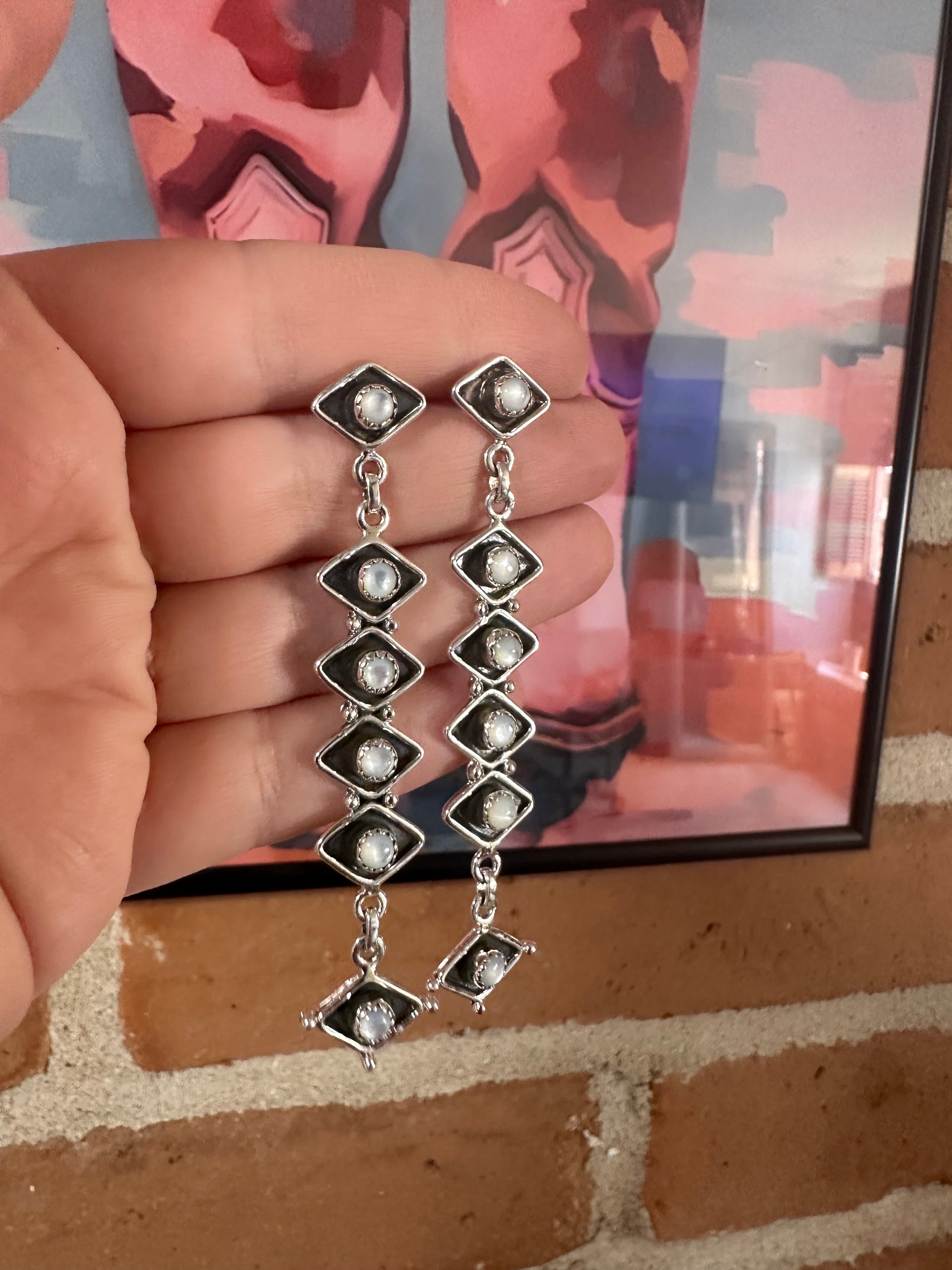 Handmade Mother of Pearl & Sterling Silver Dangle Earrings Signed Nizhoni