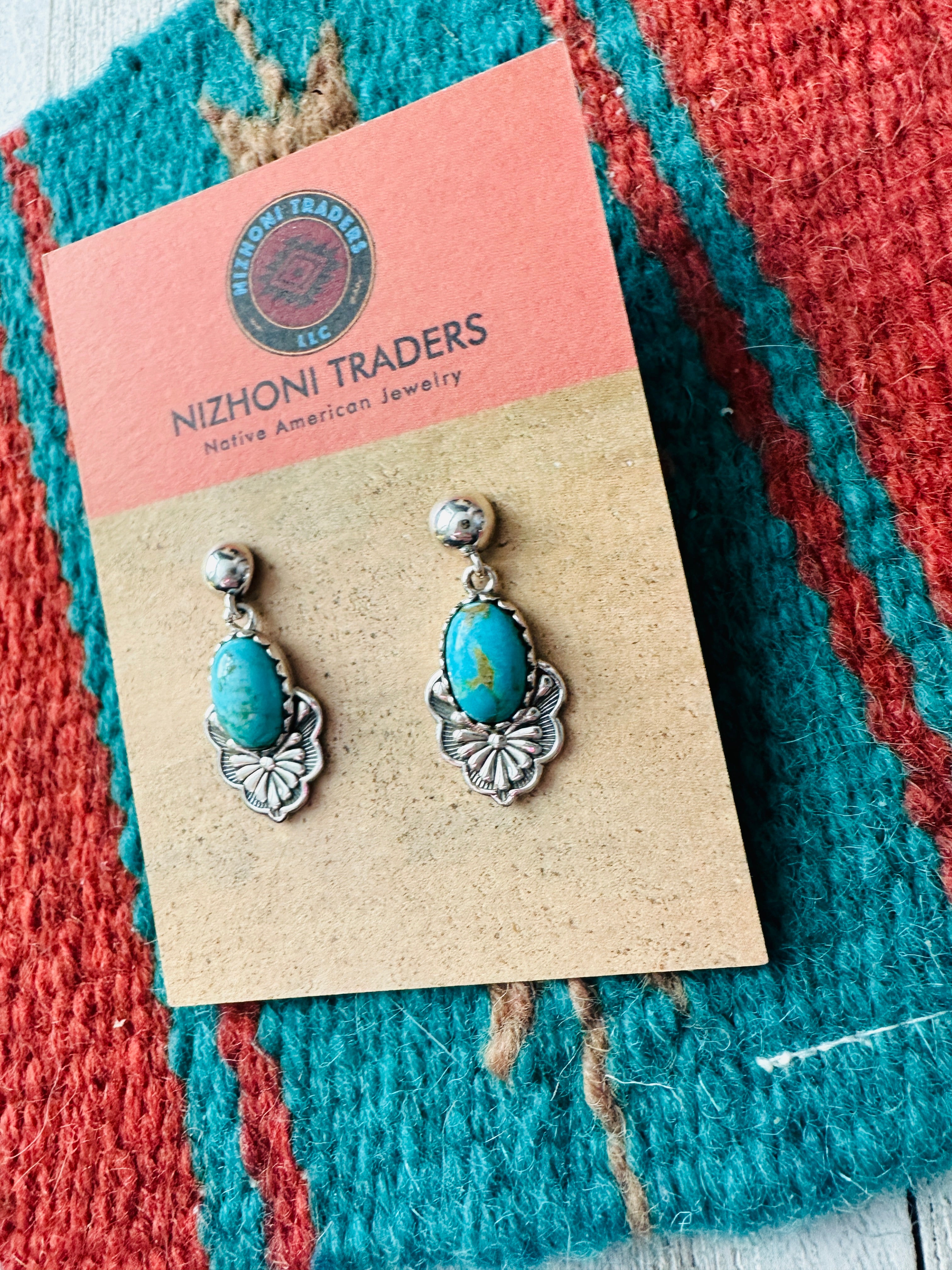 Handmade Turquoise & Sterling Silver Dangle Earrings Signed Nizhoni