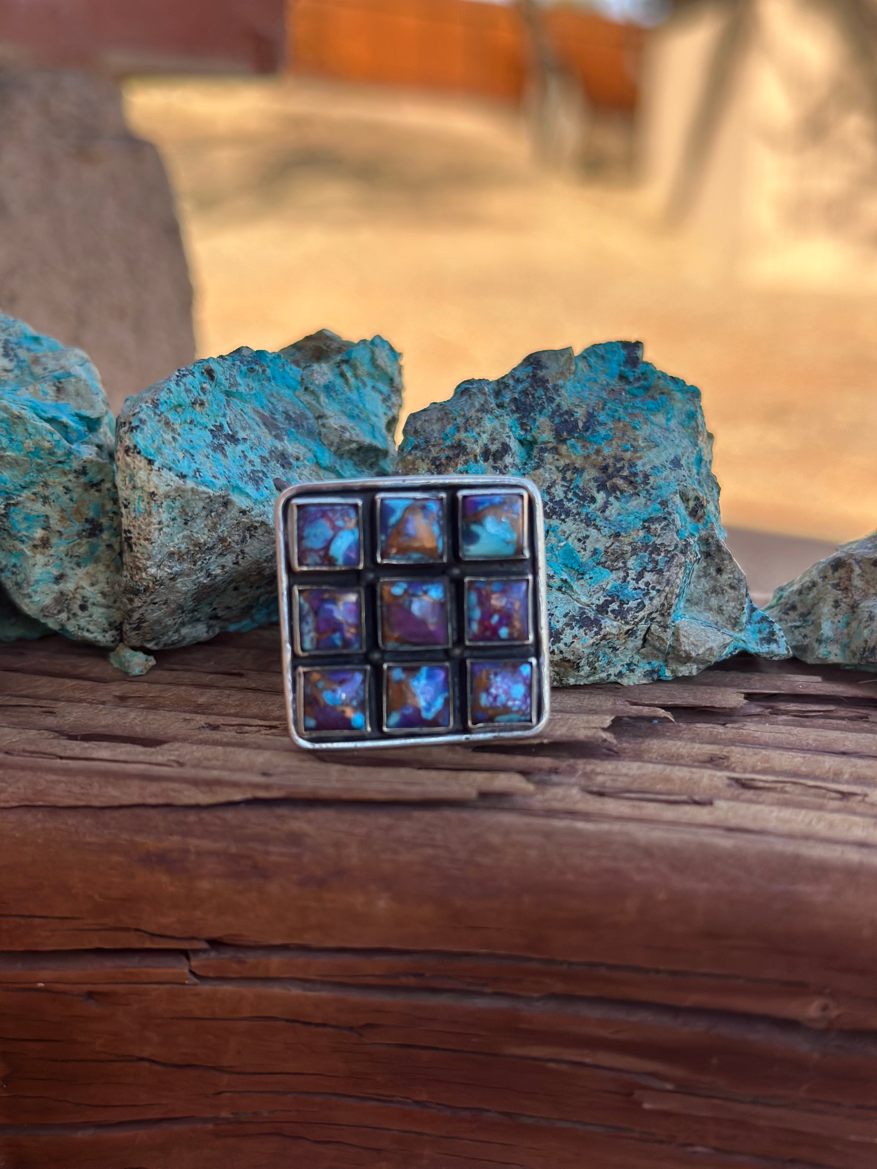 Beautiful Handmade Sterling Silver And Purple Mojave Square Adjustable Ring