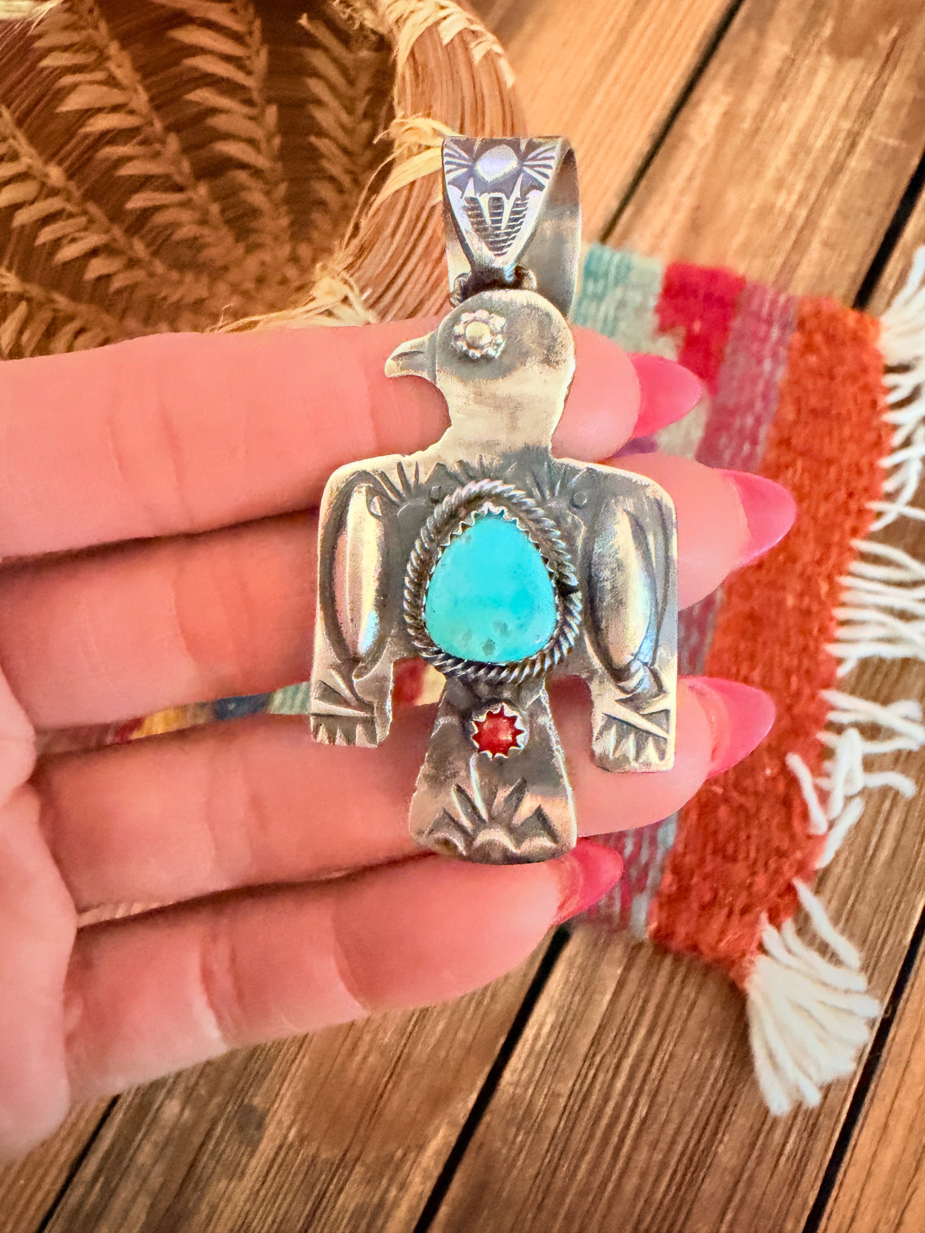 Handcrafted Turquoise, Coral & Sterling Silver Thunderbird Pendant by Richard Yazzie