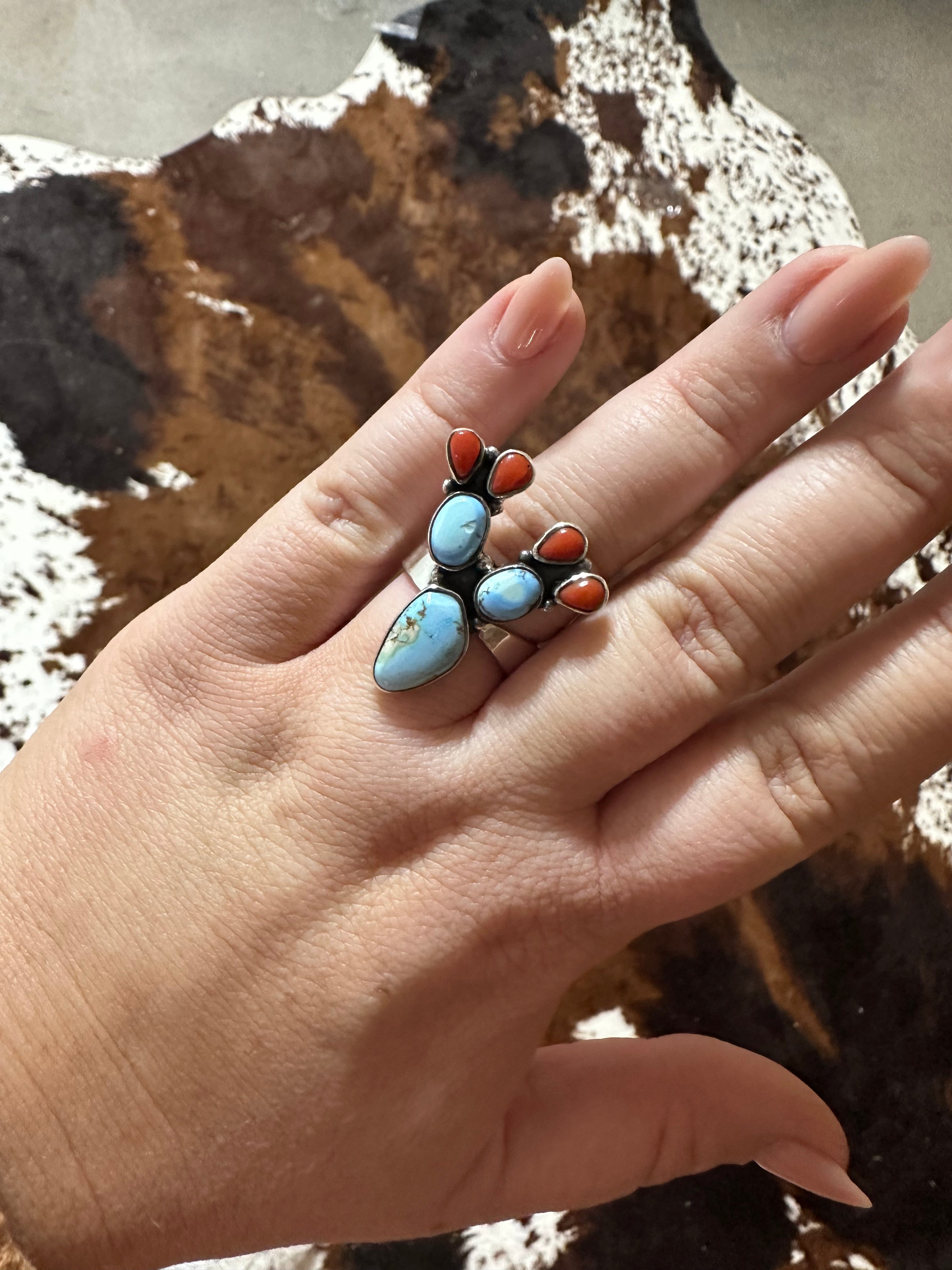 Handmade Sterling Silver, Coral & Golden Hills Turquoise Cactus Adjustable Ring