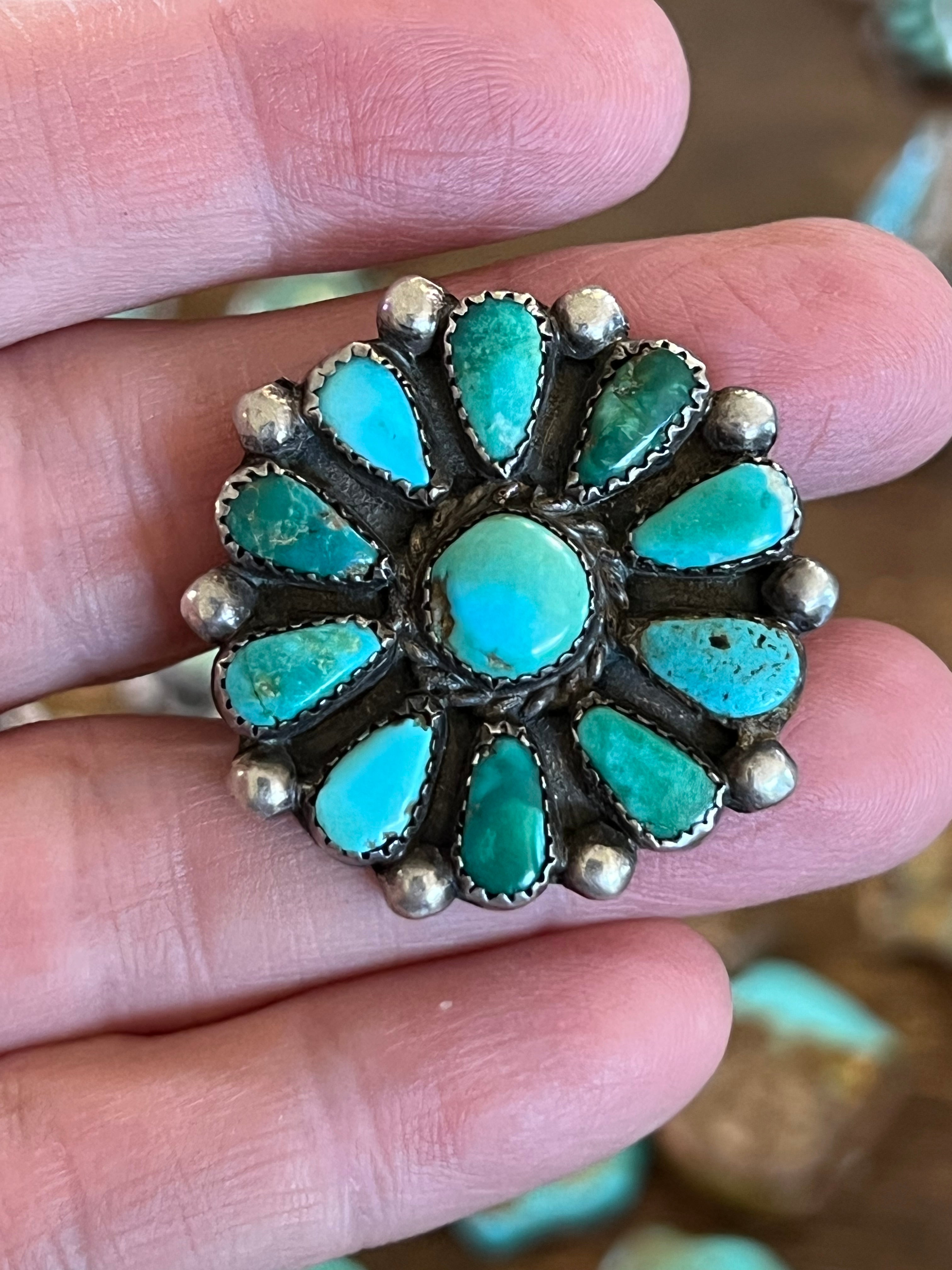 Old Pawn Unsigned Sterling Silver and Turquoise Cluster Ring, Size 8.5