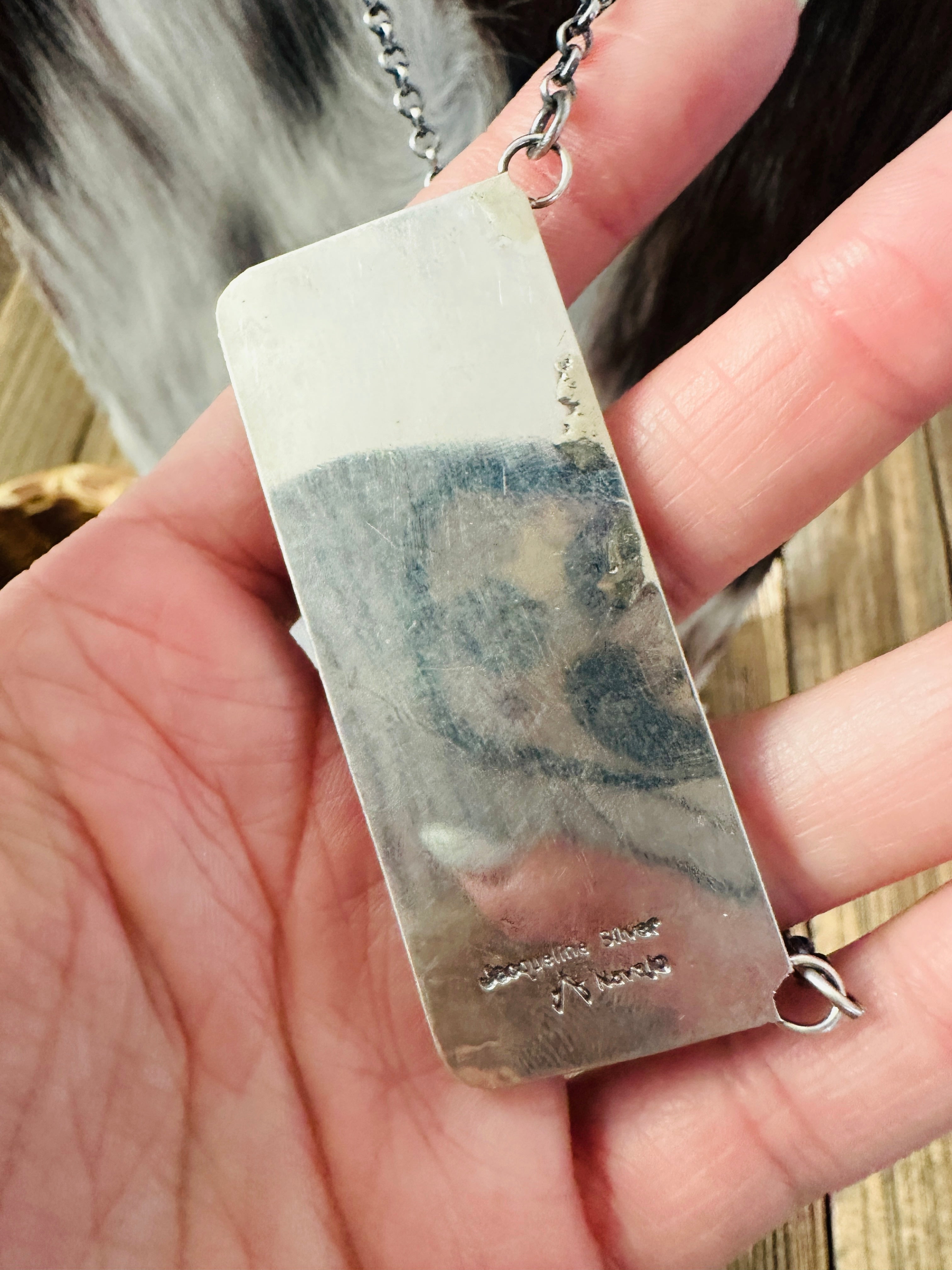 Handcrafted Mother of Pearl, CZ & Sterling Silver Bar Necklace by Jacqueline Silver