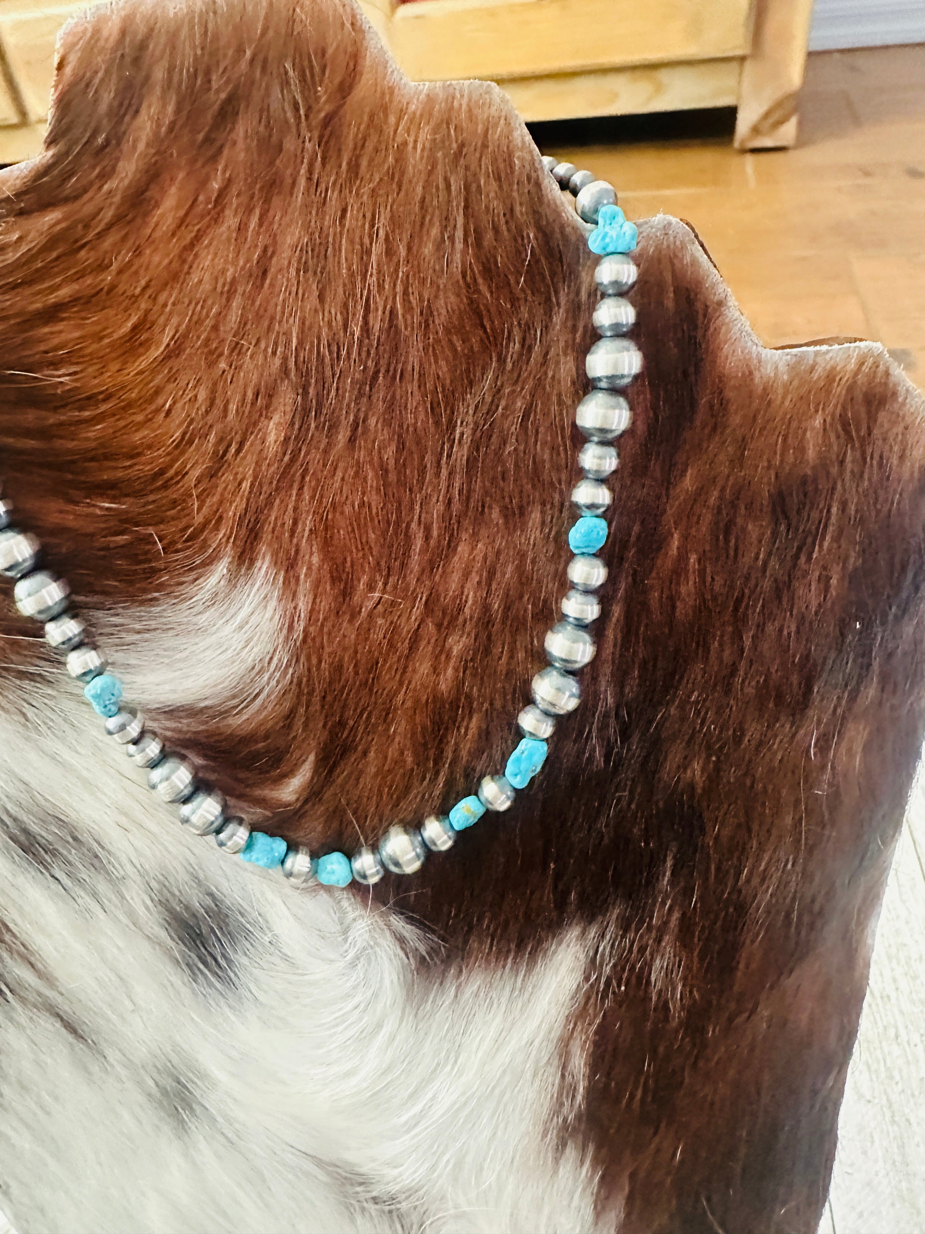 Handcrafted Turquoise & Sterling Silver Pearl 14” Beaded Necklace