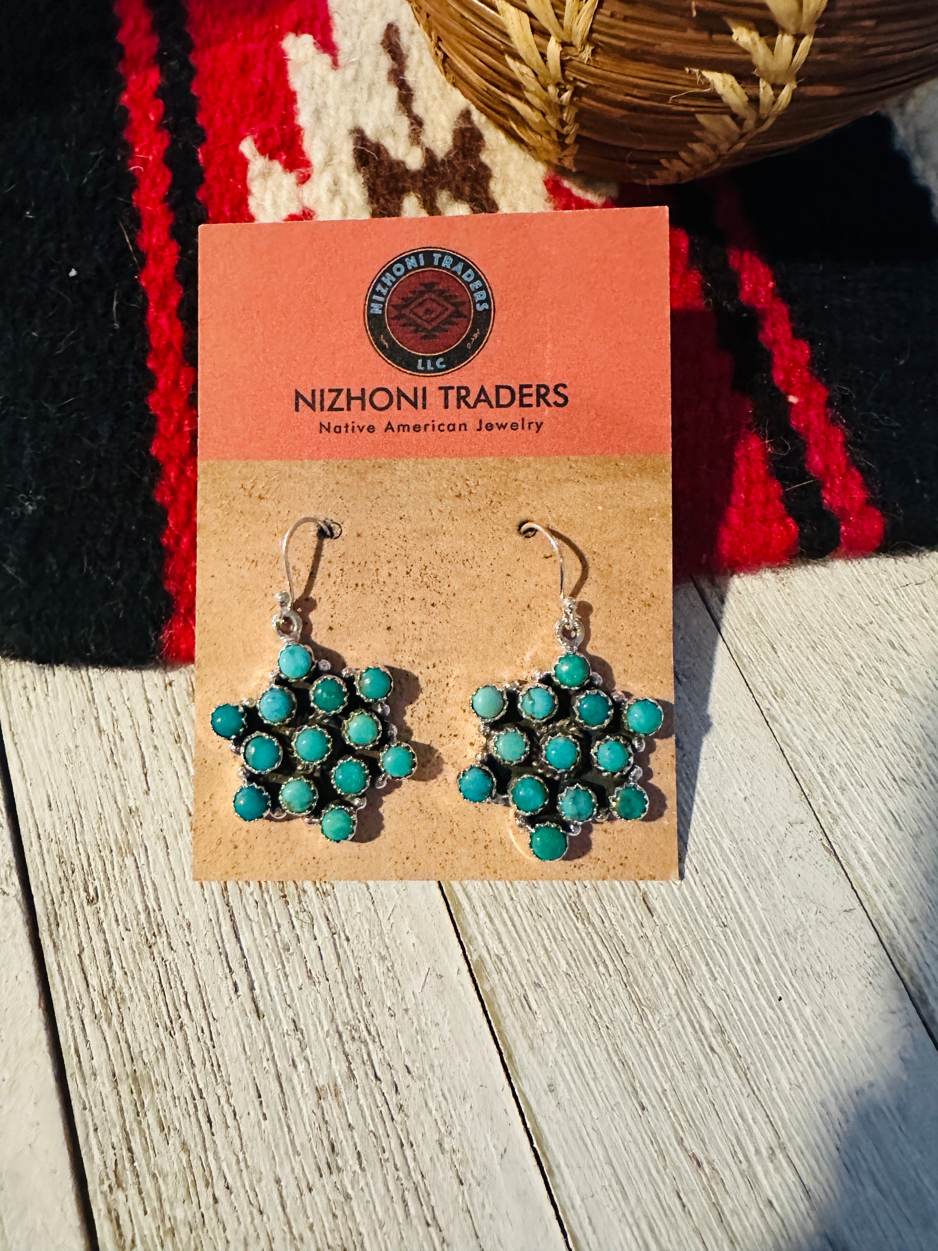 Handmade Turquoise & Sterling Silver Star Wire Dangle Earrings Signed Nizhoni