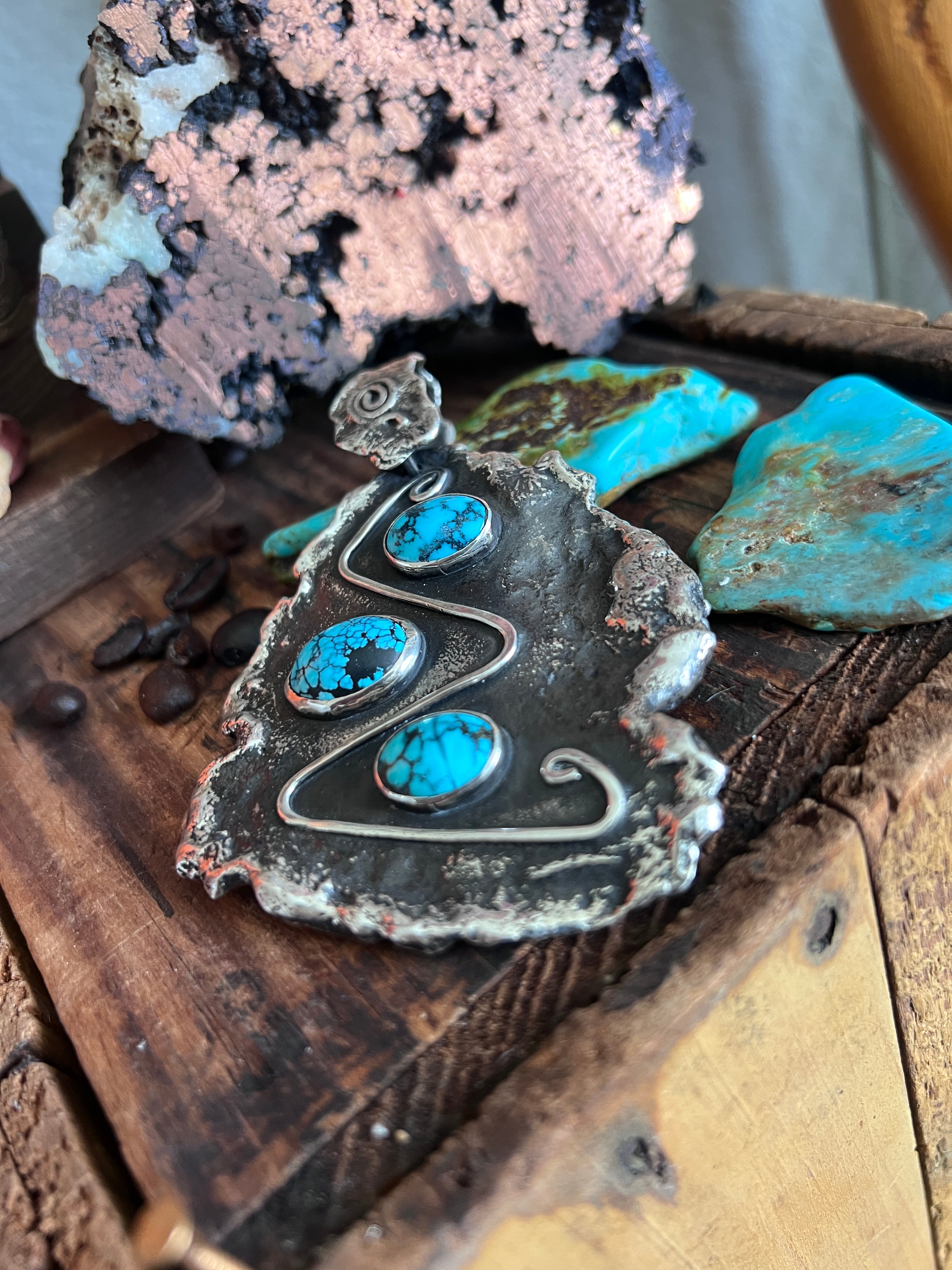 Vintage Artisan Sterling Silver and Turquoise Brutalist Style Pendant Signed Sandee Kelly