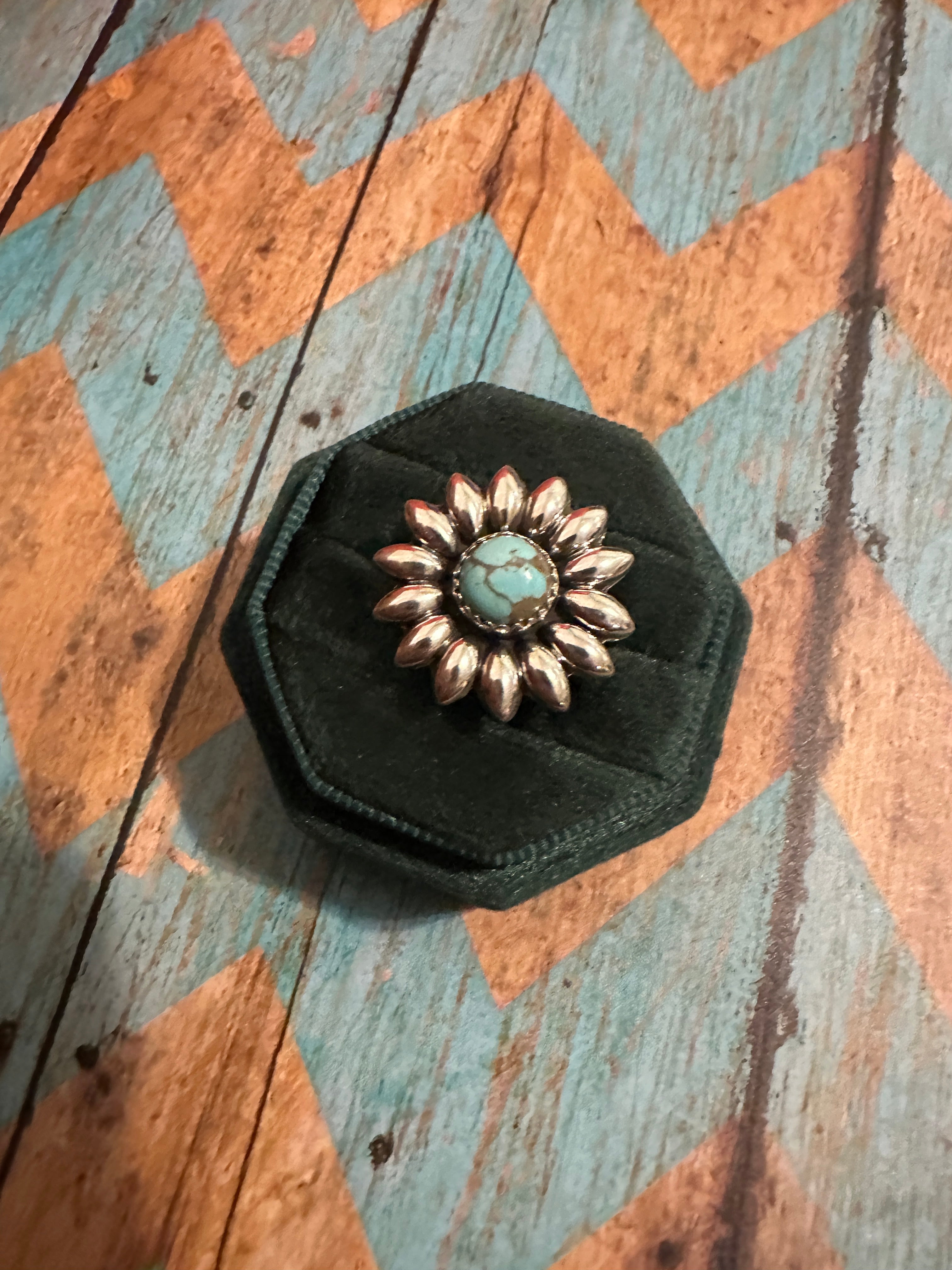 Beautiful Handmade Number 8 Turquoise And Sterling Silver Adjustable Flower Ring