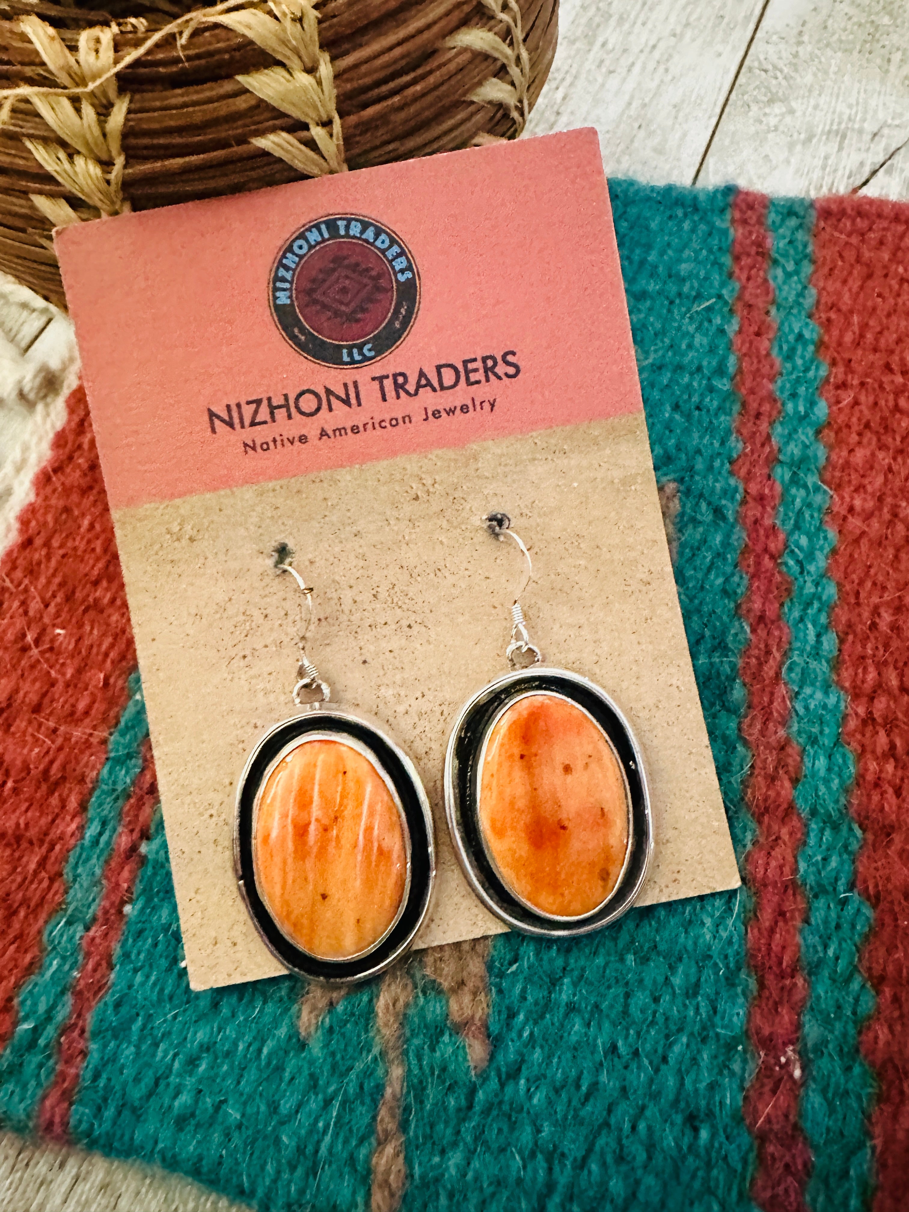 Handcrafted Orange Spiny & Sterling Silver Shadowbox Dangle Earrings