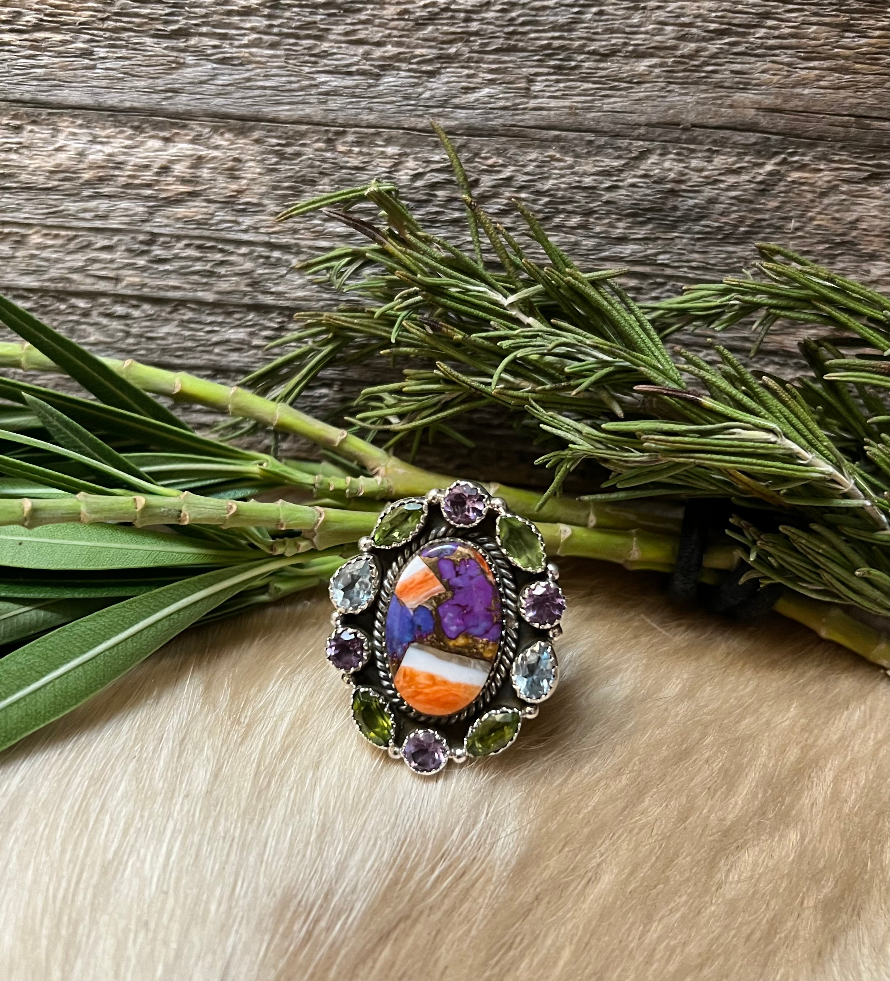 Handmade MultiStone Peridot & Amethyst Sterling Silver Adjustable Ring