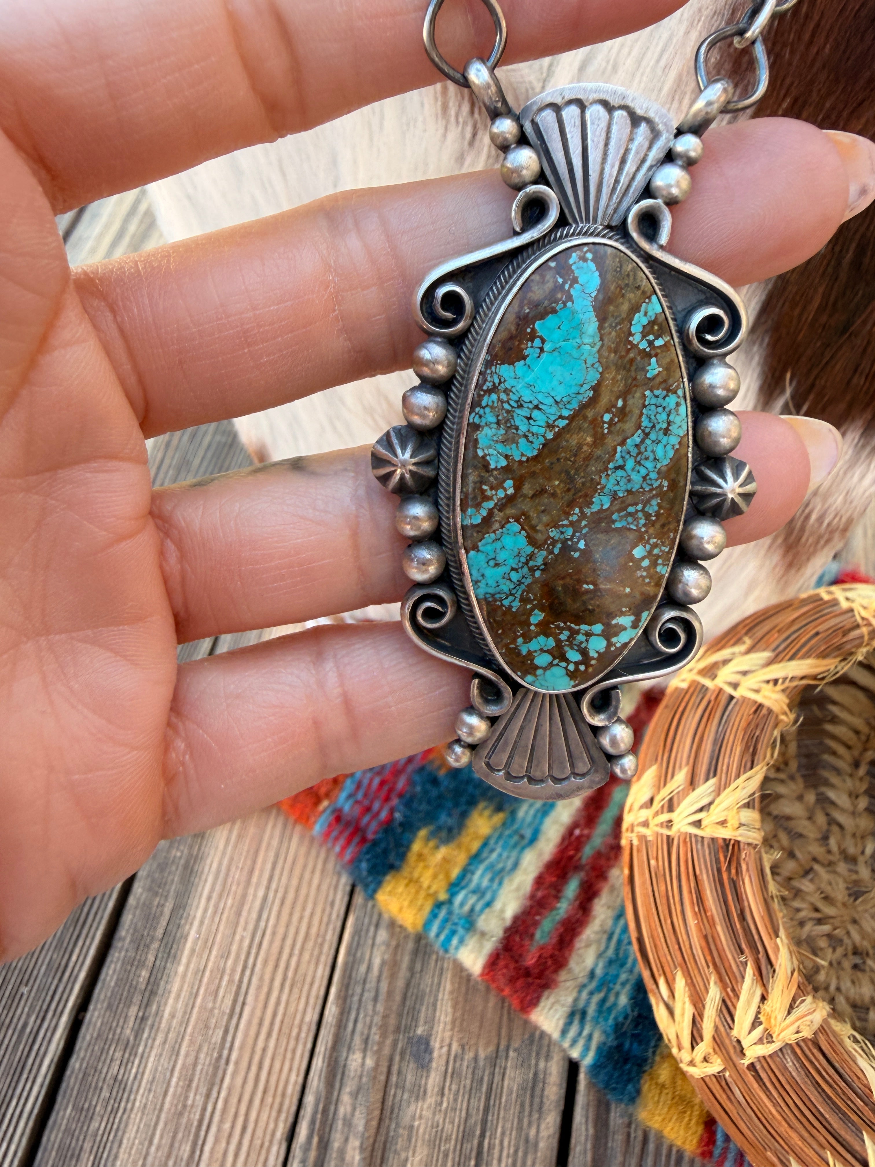 Handcrafted Number 8 Turquoise & Sterling Silver Necklace by Daniel Benally