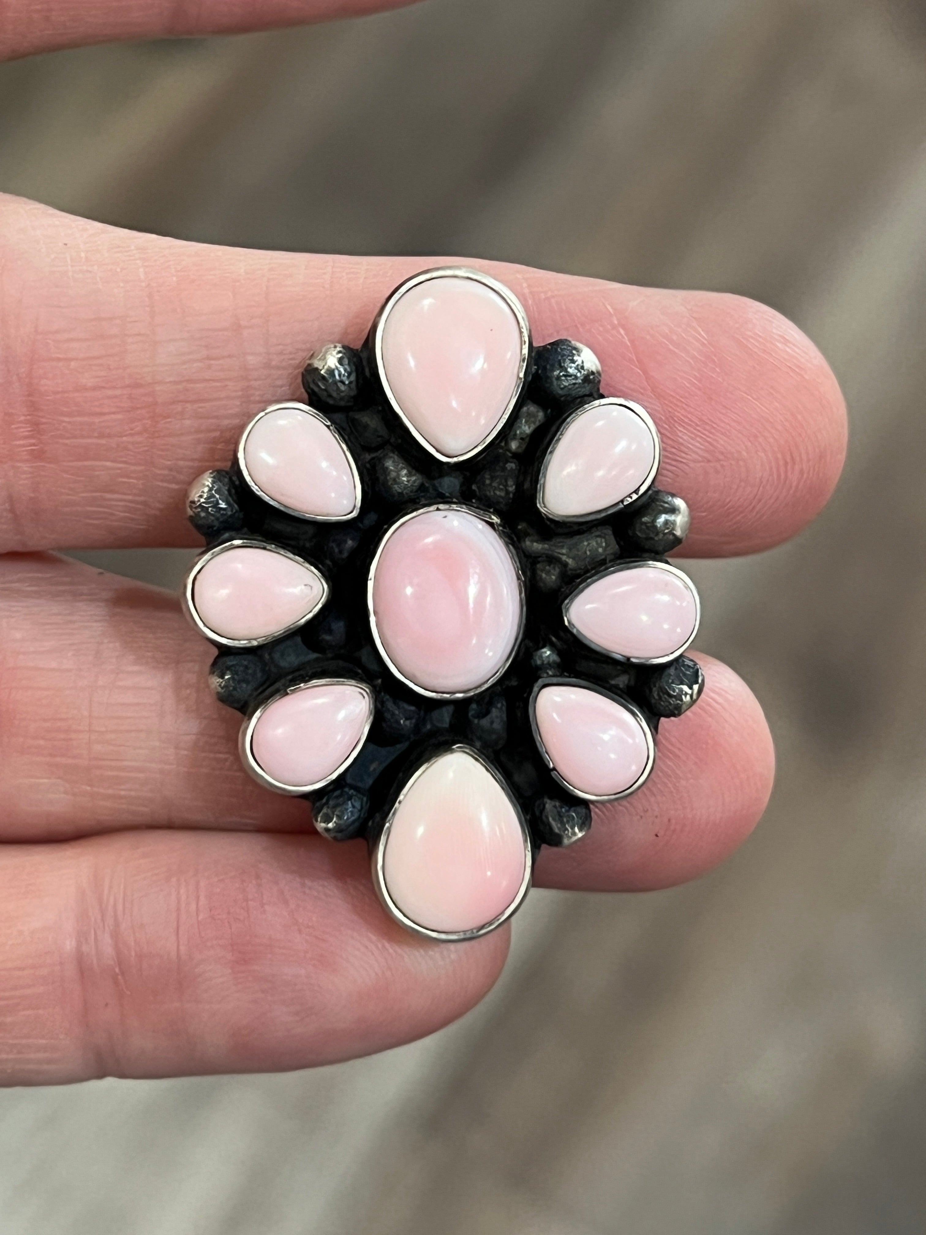 Handcrafted Sterling Silver and Queen Pink Conch Shell Cluster Ring by Travis Jim
