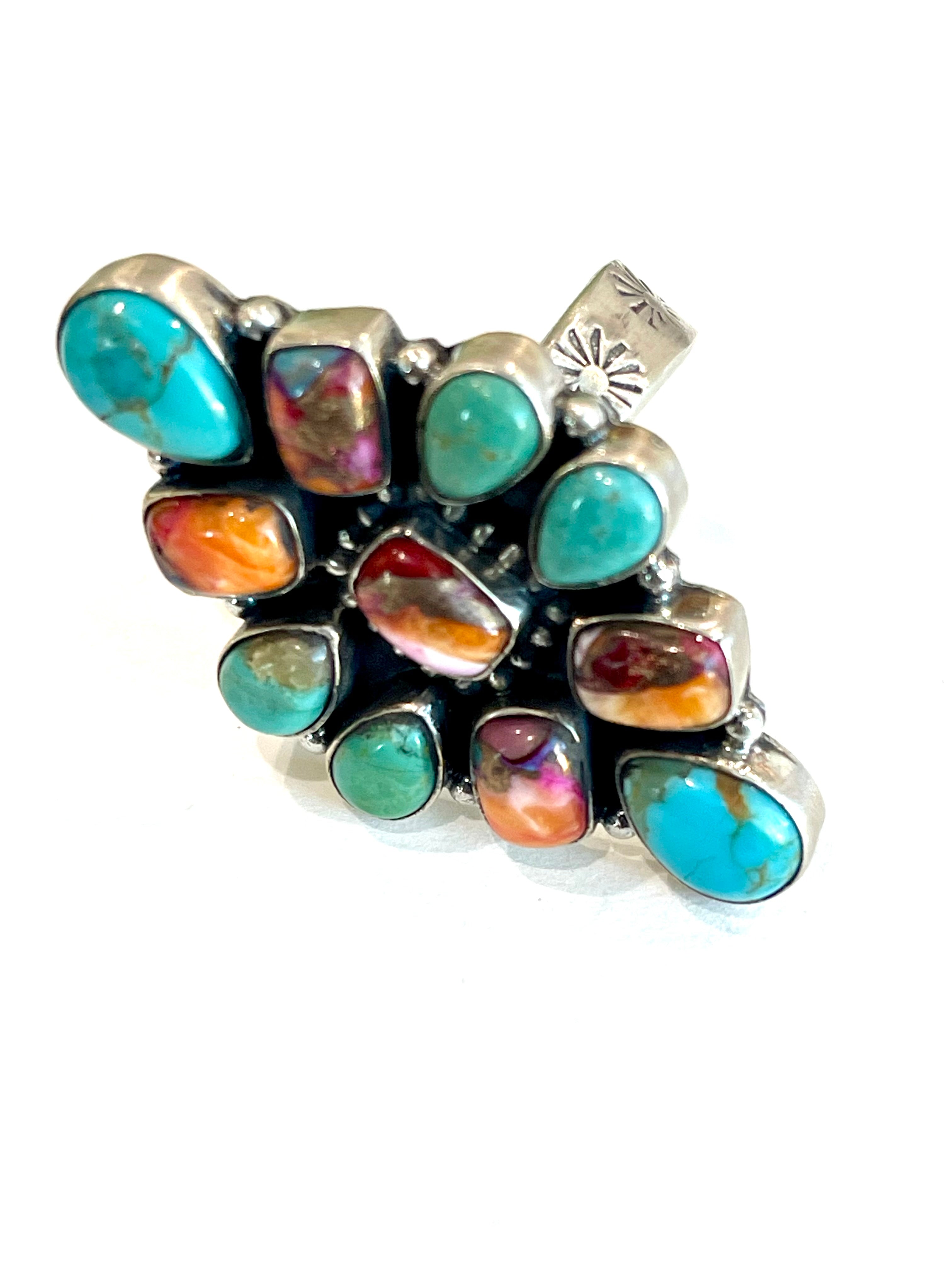 Beautiful Handmade Turquoise, Pink Dream Mojave And Sterling Silver Adjustable Ring