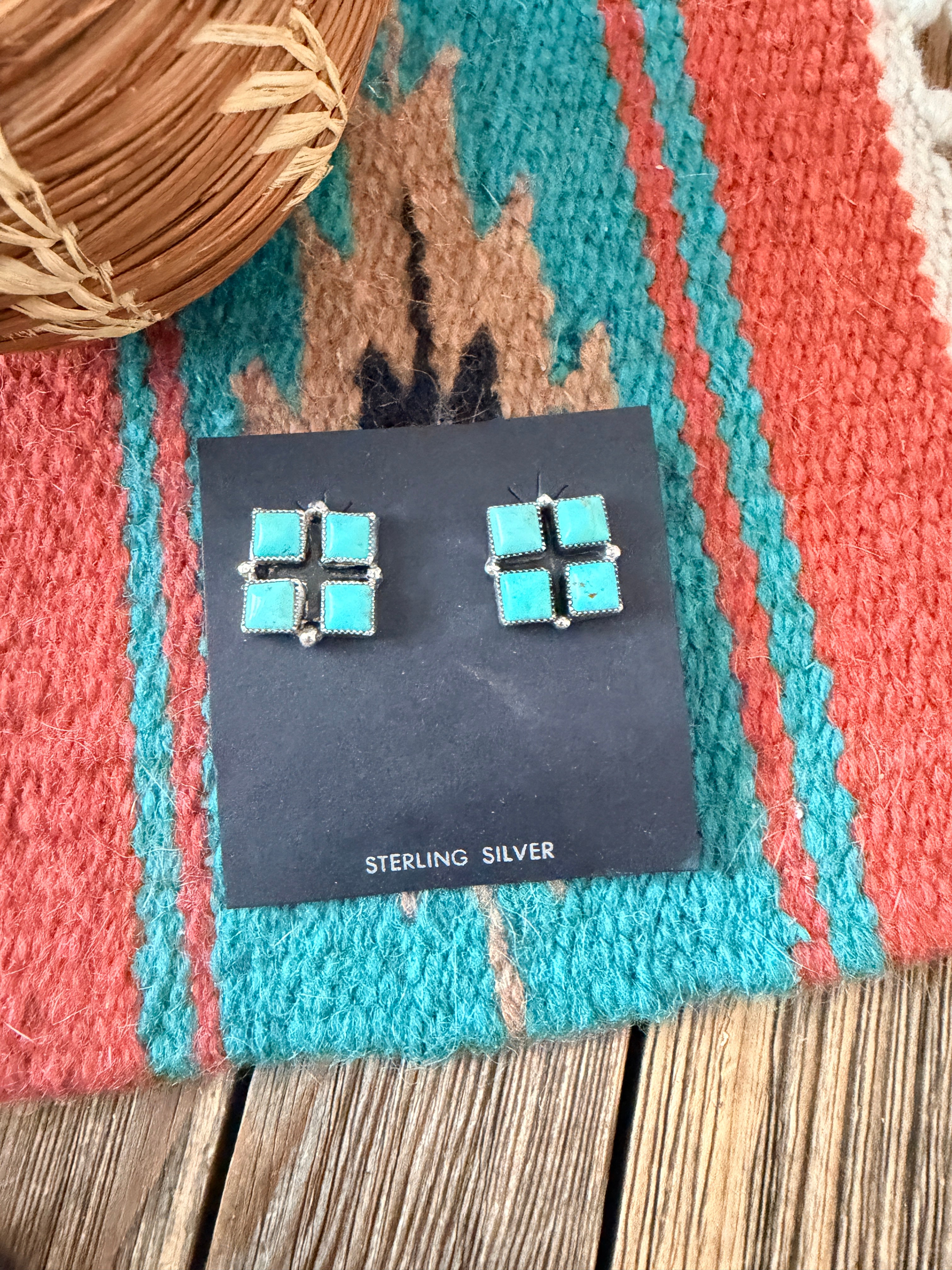 Handcrafted Turquoise & Sterling Silver Cluster Post Earrings