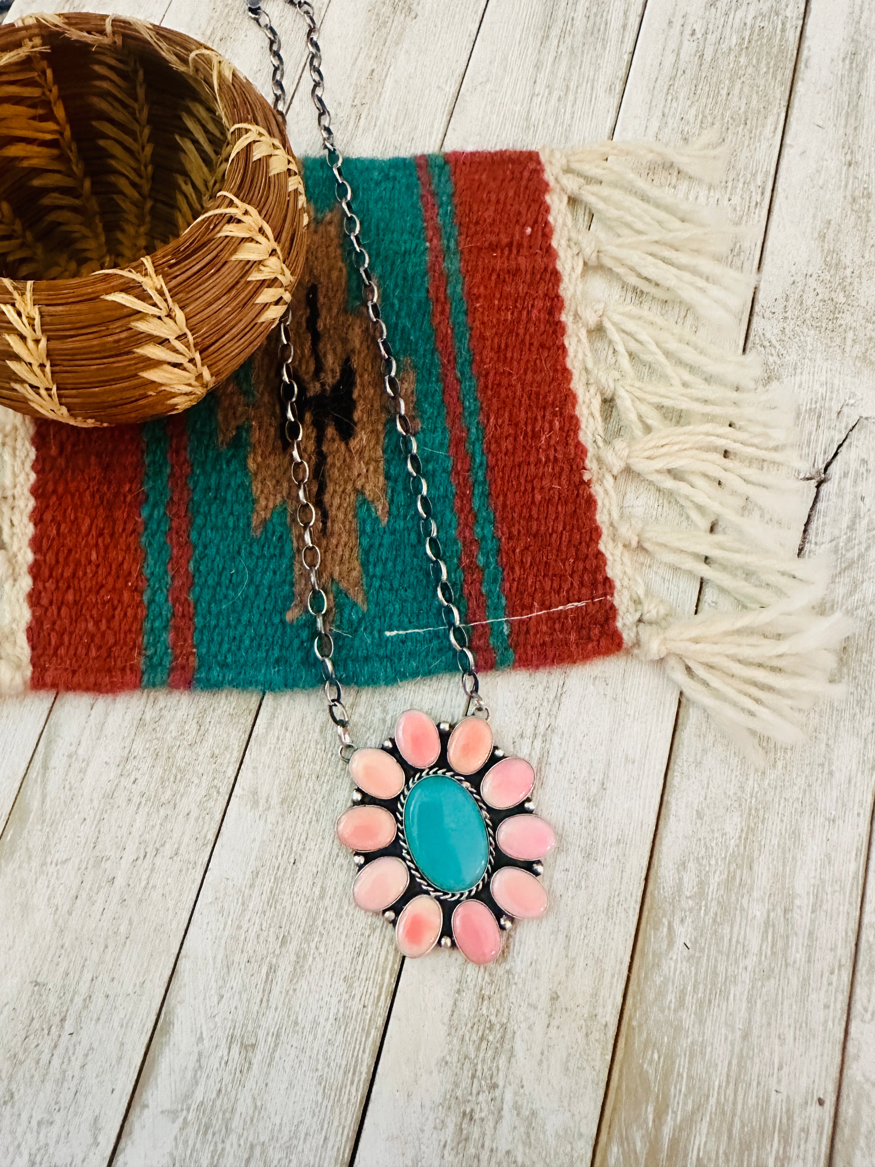 Navajo Sterling Silver, Queen Pink Conch & Turquoise Necklace