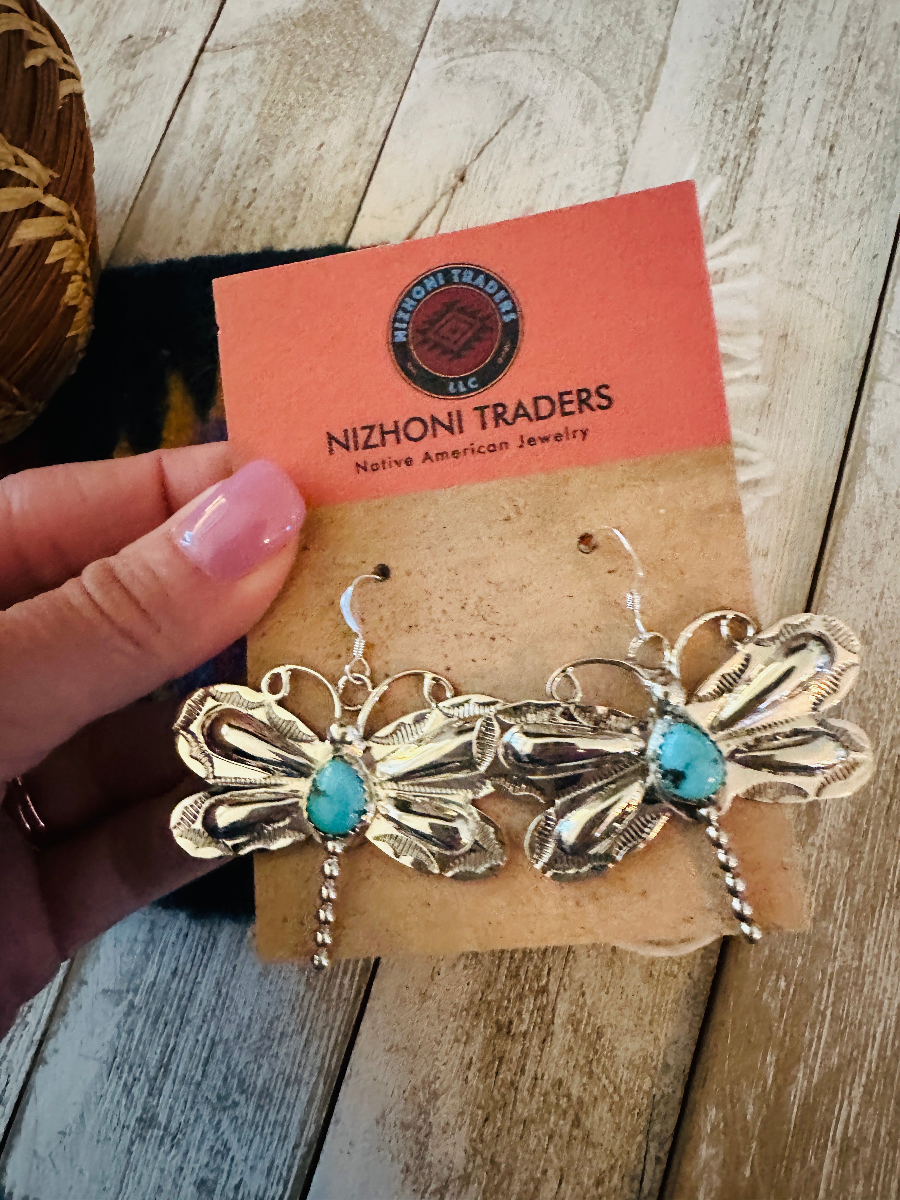 Navajo Turquoise & Sterling Silver Dragonfly Dangle Earrings