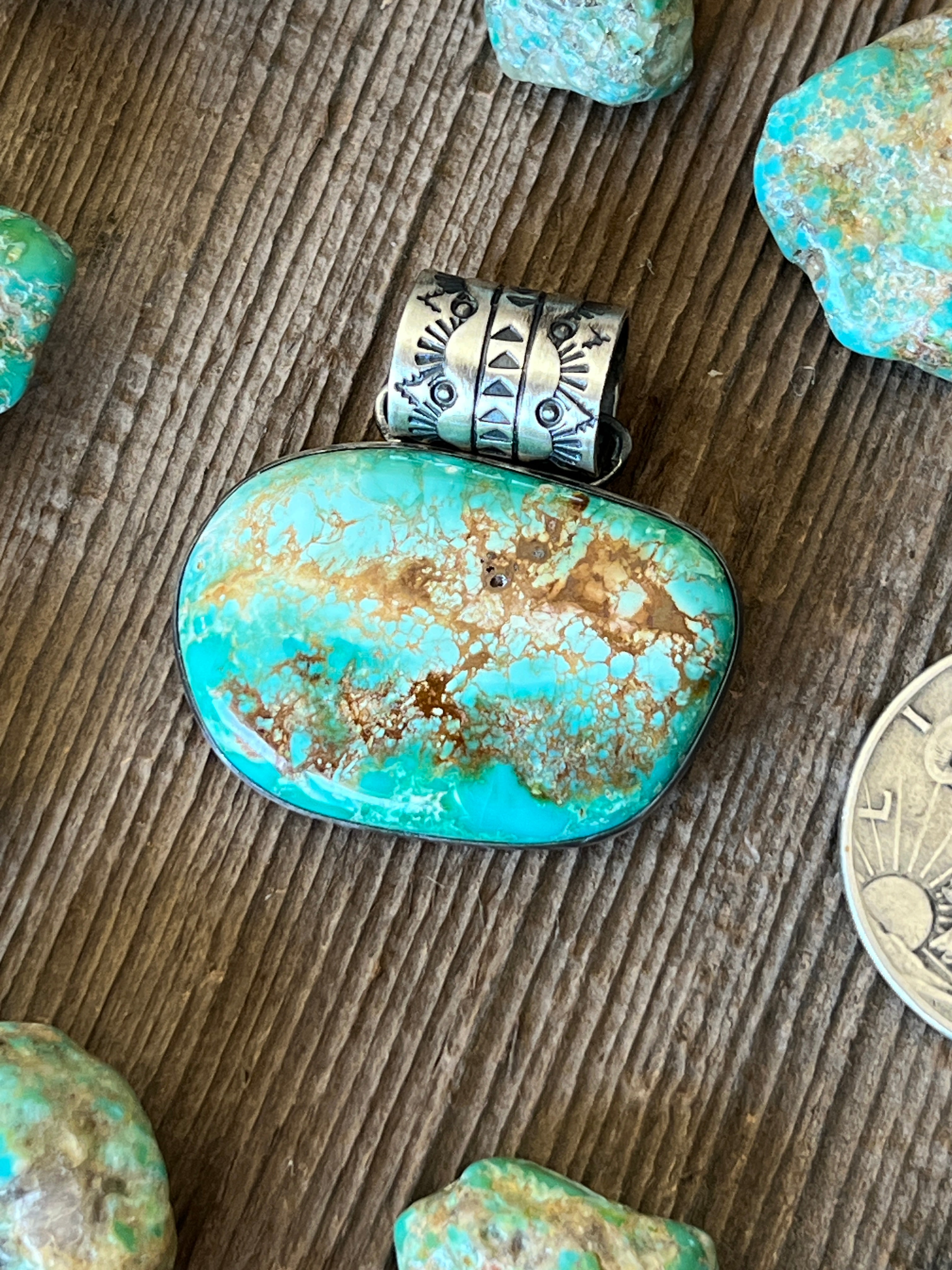 Handcrafted Sterling Silver and Sonoran Turquoise Solo Pendant by Angela Martin