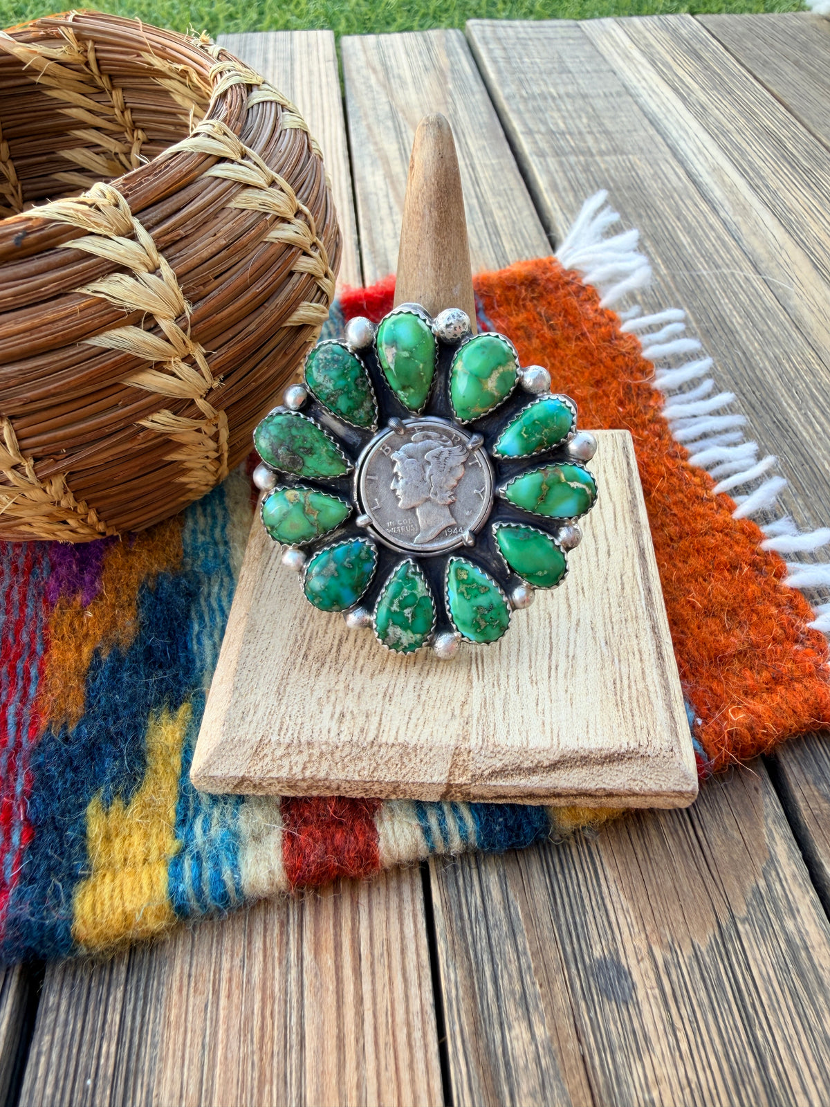 Handcrafted Sonoran Mountain Turquoise & Sterling Silver Liberty Dime Adjustable Ring by Michael Thomas Jr.