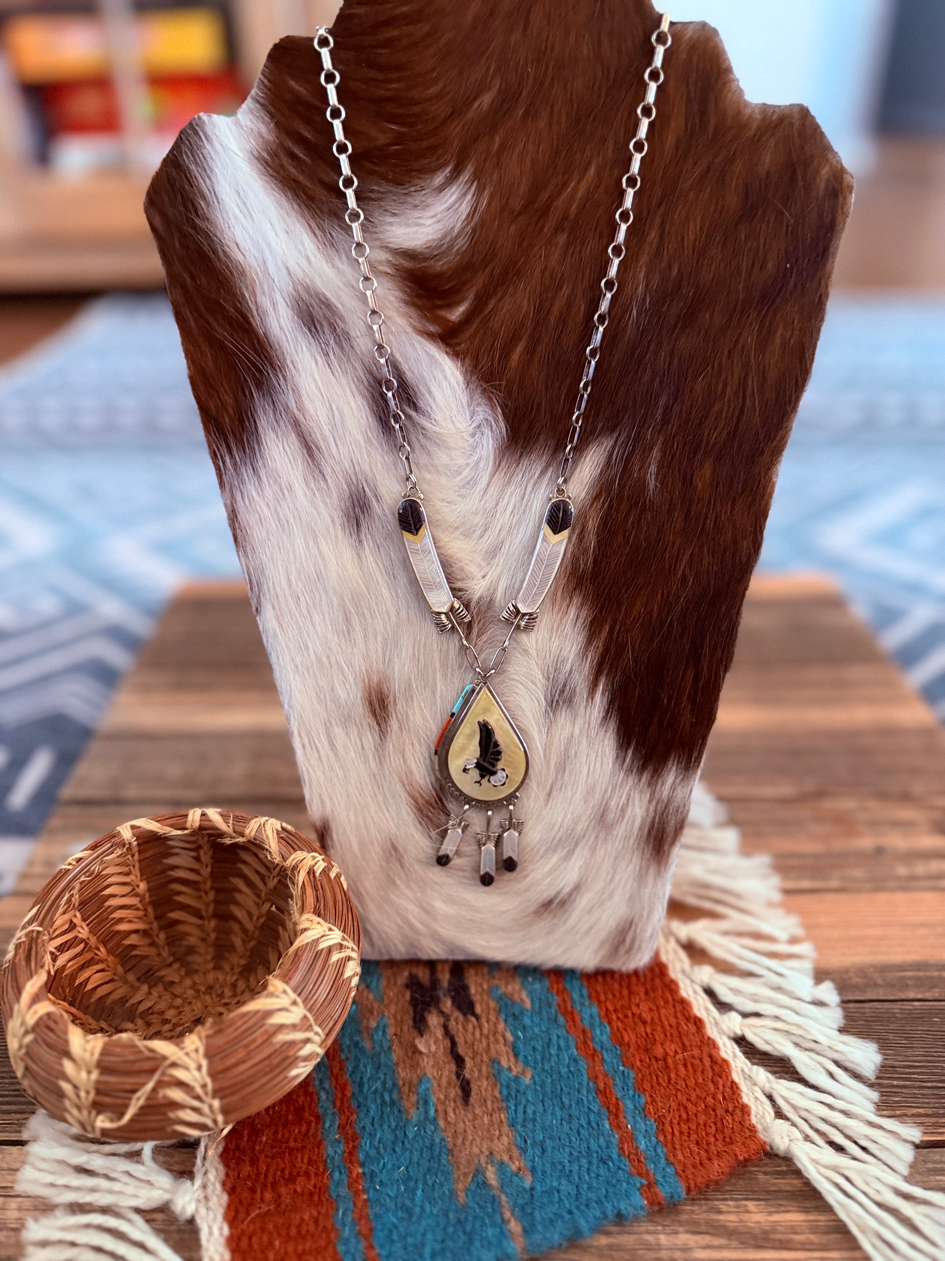 Old Pawn Handcrafted Sterling Silver and Multi Stone Bald Eagle Inlay Necklace by Don C. Dewa