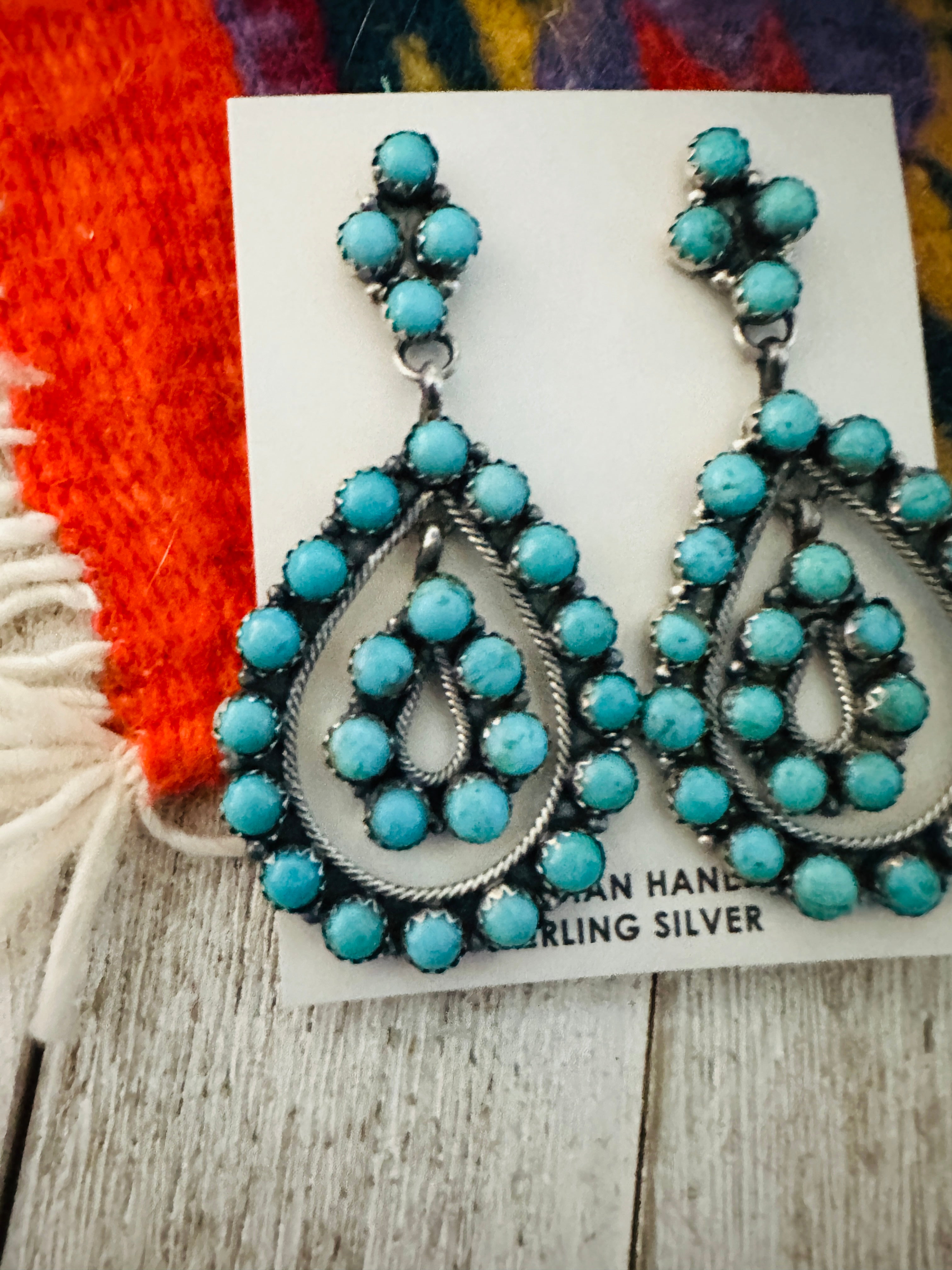 Navajo Sterling Silver & Turquoise Cluster Dangle Earrings