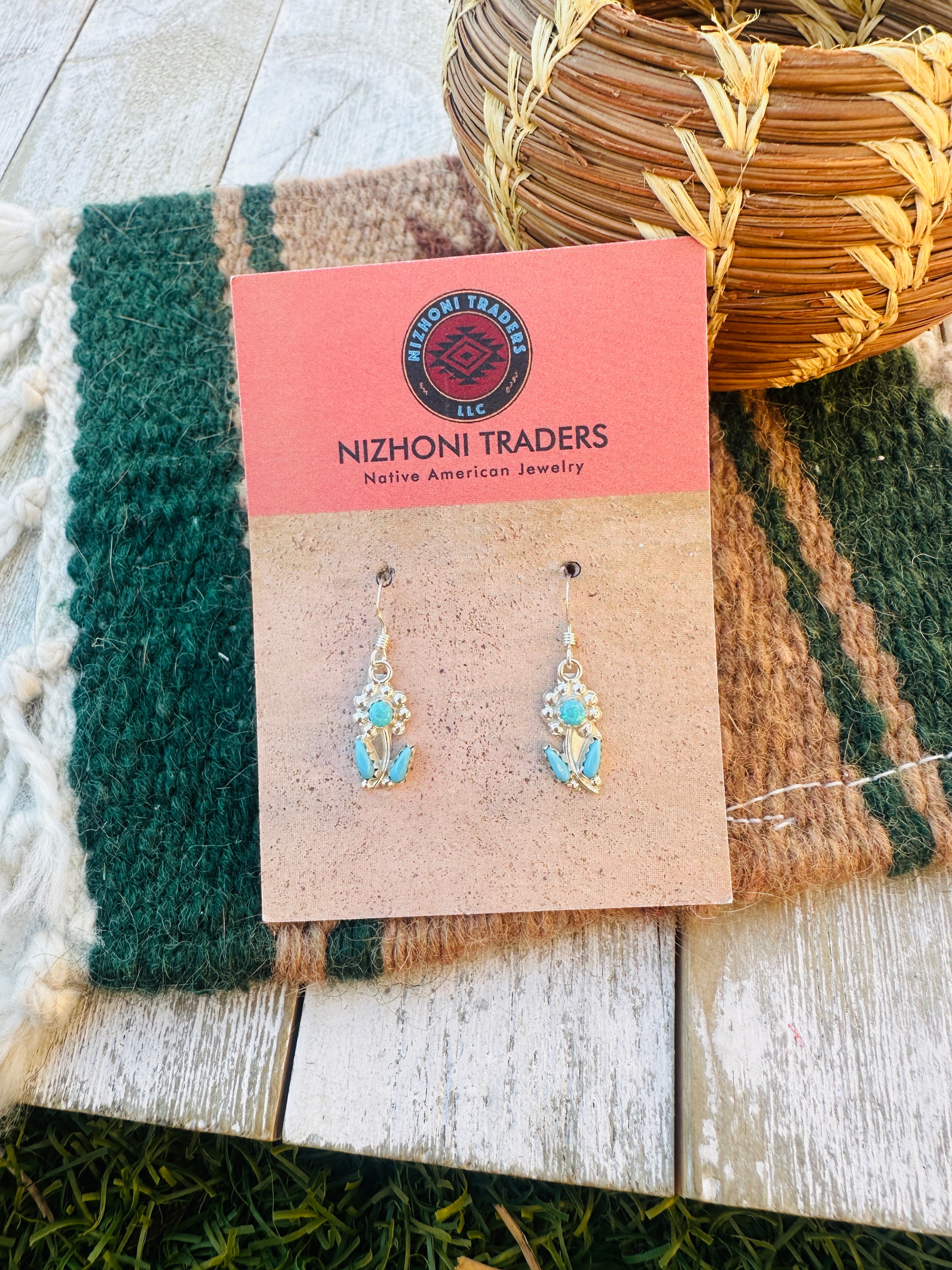 Handcrafted Turquoise, Light Blue Opal & Sterling Silver Flower Dangle Earrings