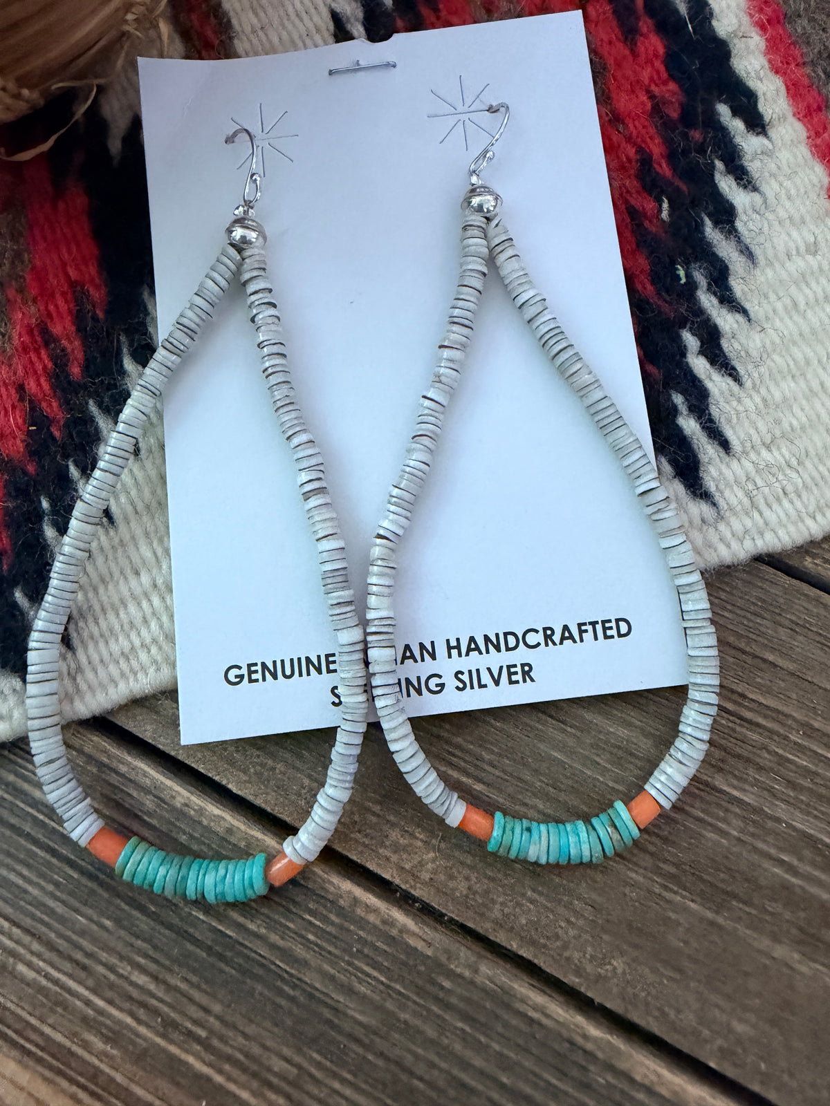 Handcrafted Heishi Shell, Turquoise & Spiny Beaded Dangle Hoop Earrings