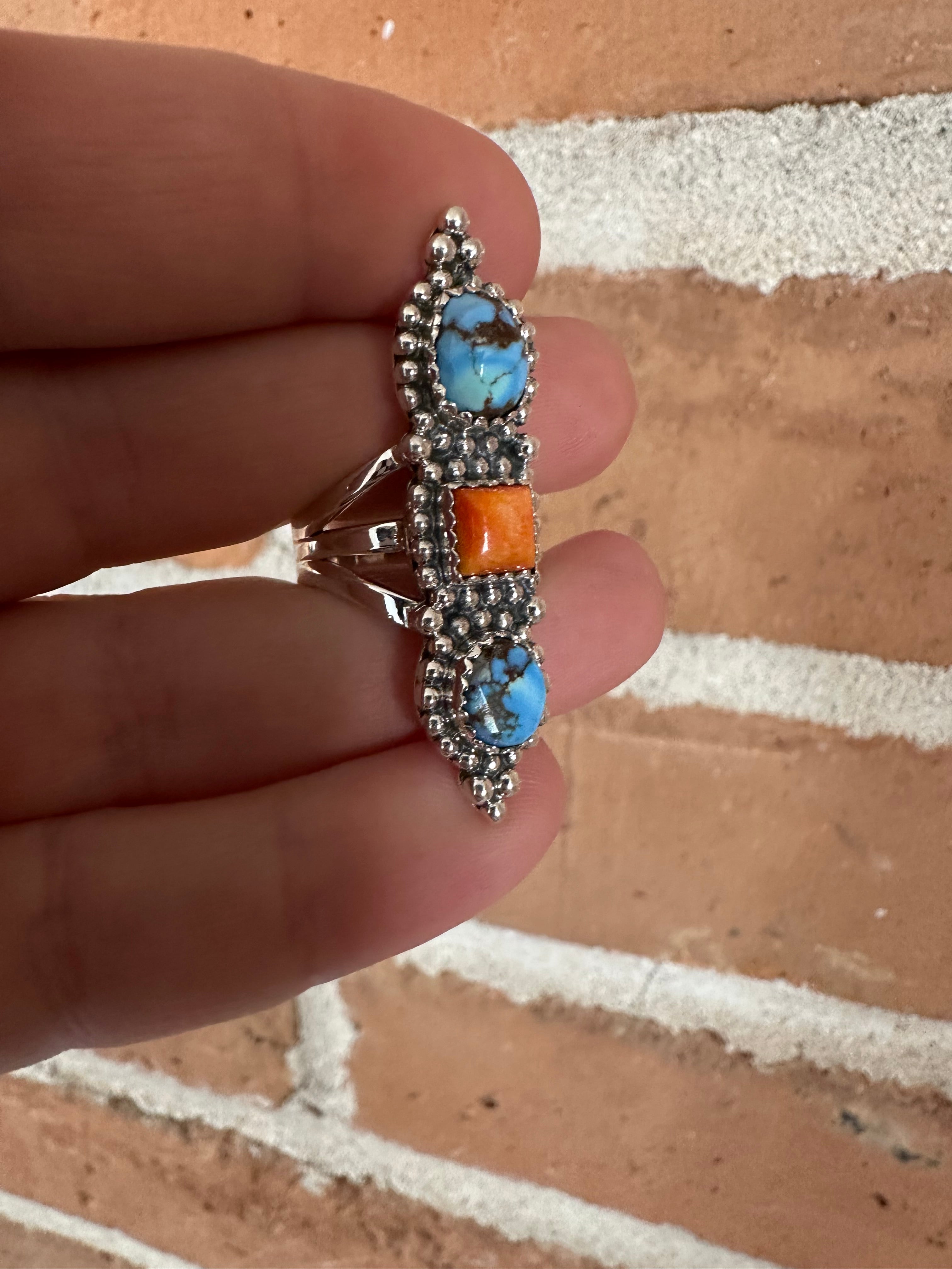 Nizhoni Handmade Golden Hills Turquoise, Orange Spiny & Sterling Silver 3 Stone Ring Size 7