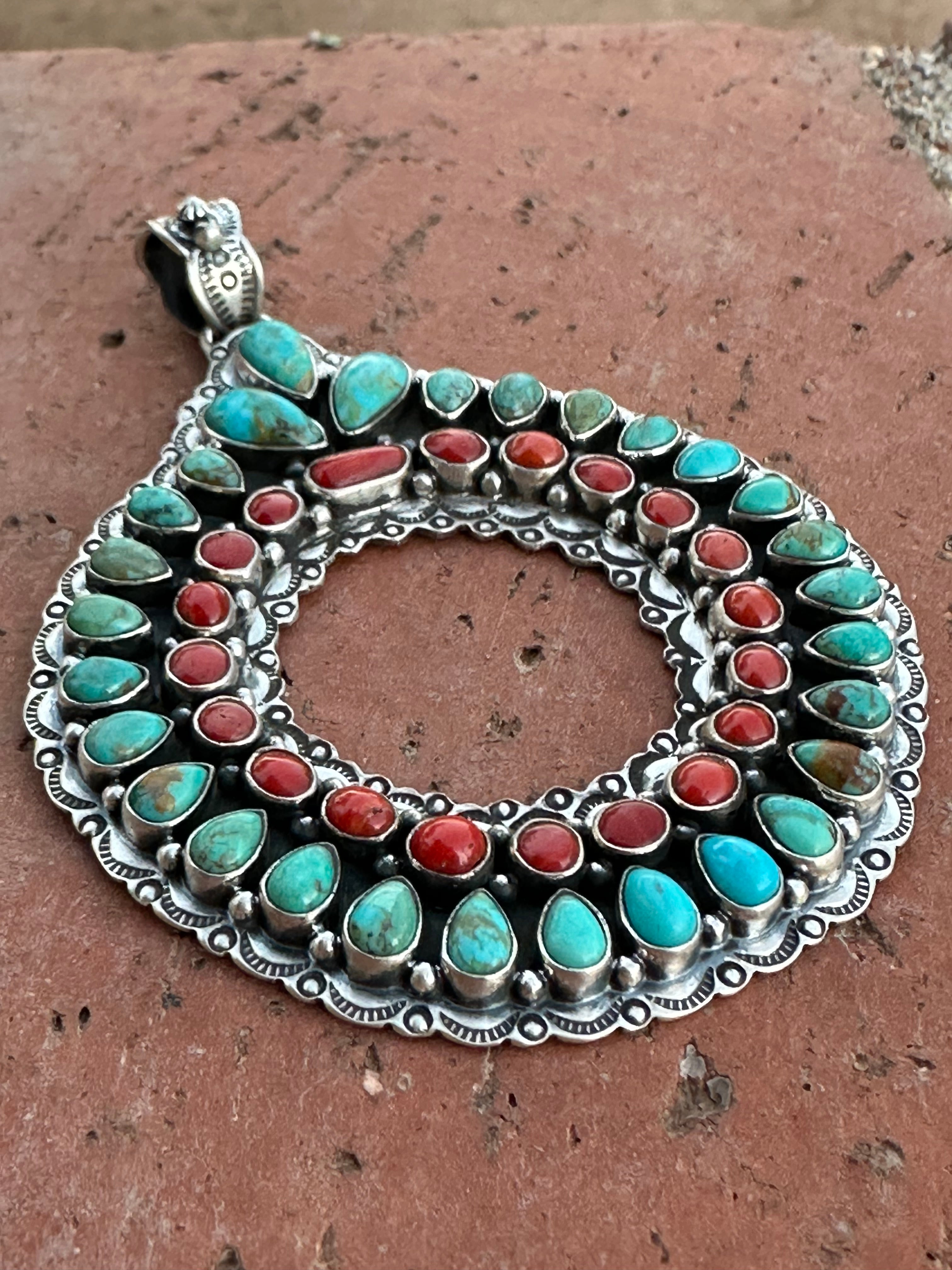 Handmade Sterling Silver, Coral & Kingman Turquoise Christmas Wreath Pendant