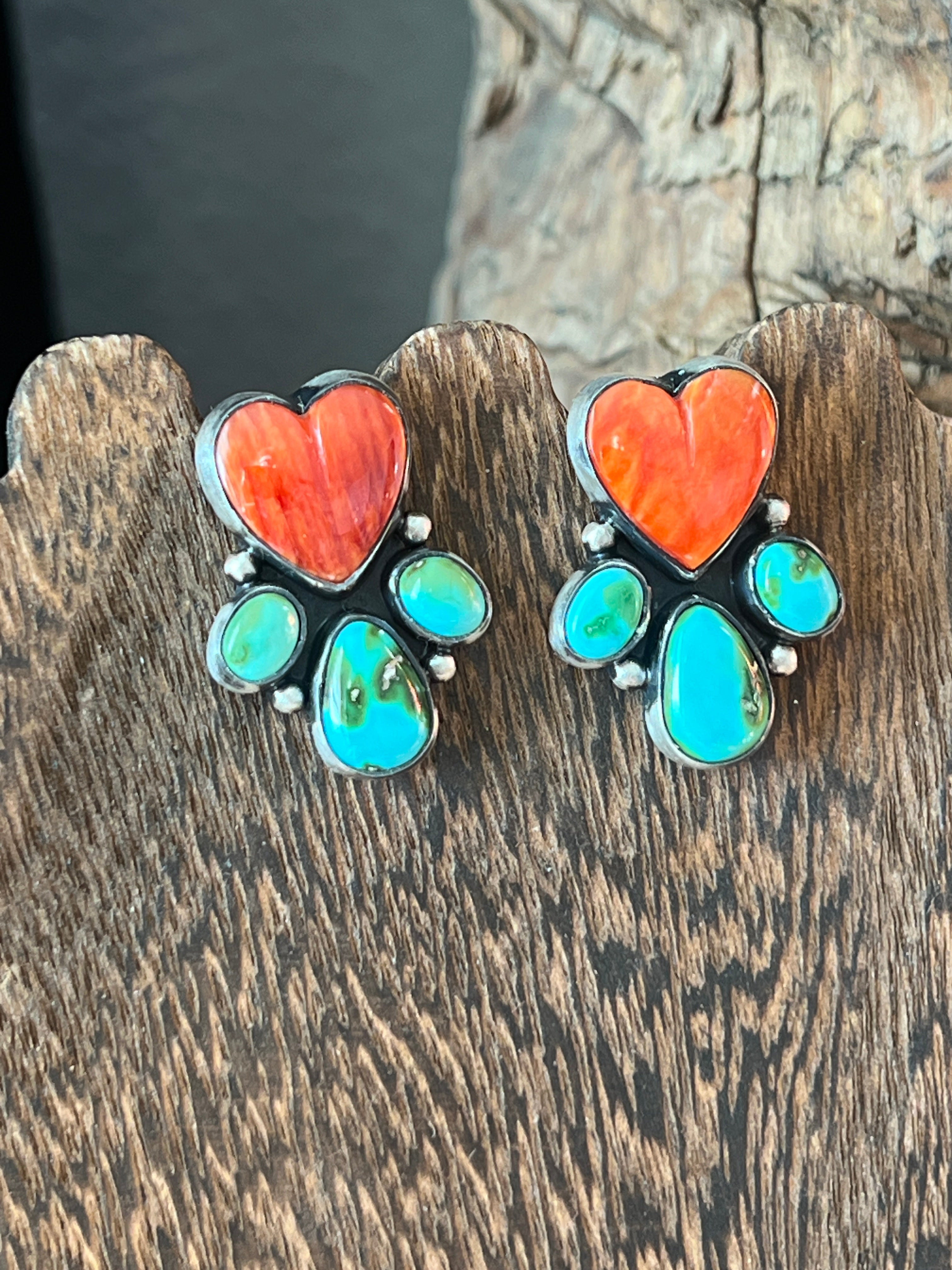 Vibrant Handcrafted Sterling Silver, Sonoran Turquoise and Spiny Oyster Shell Heart Cluster Post Earrings by Lucy Jake