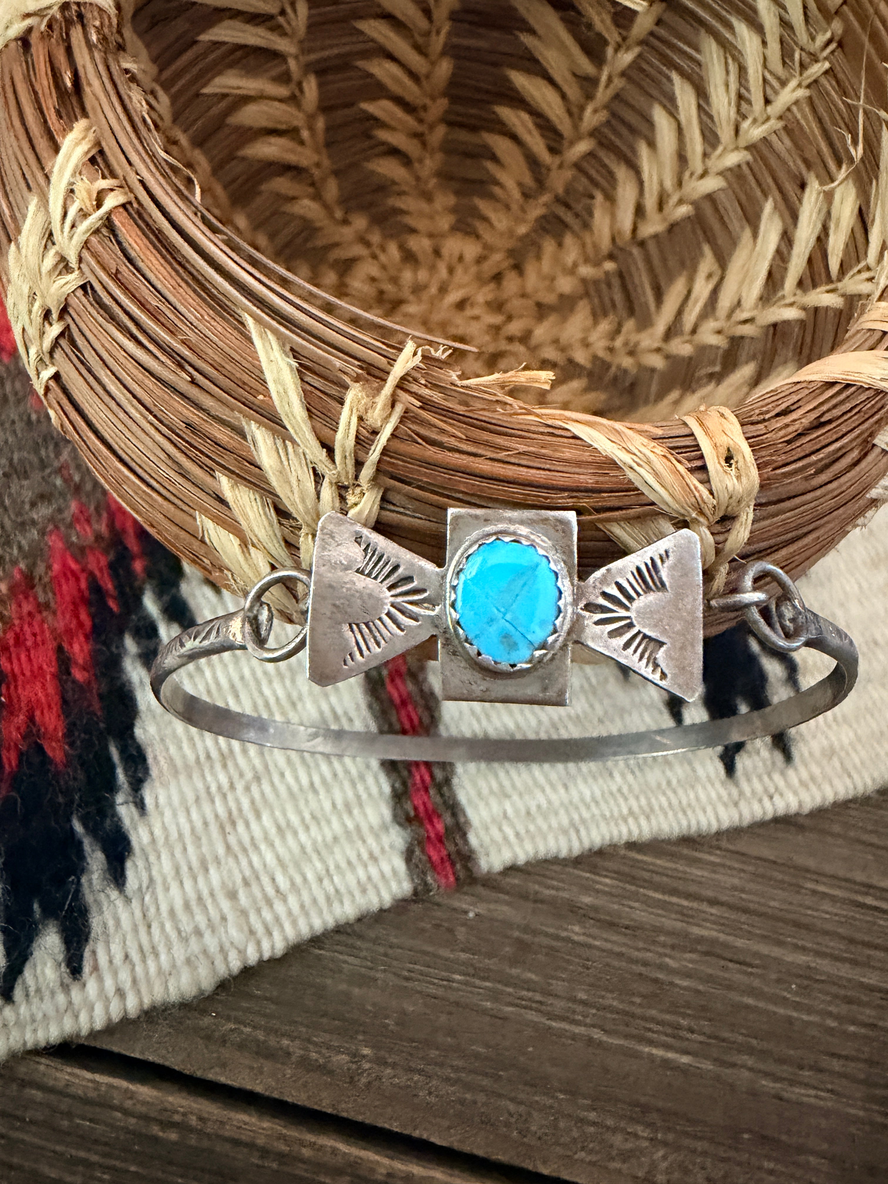 Handcrafted Old Pawn Turquoise and Sterling Silver Bangle Bracelet