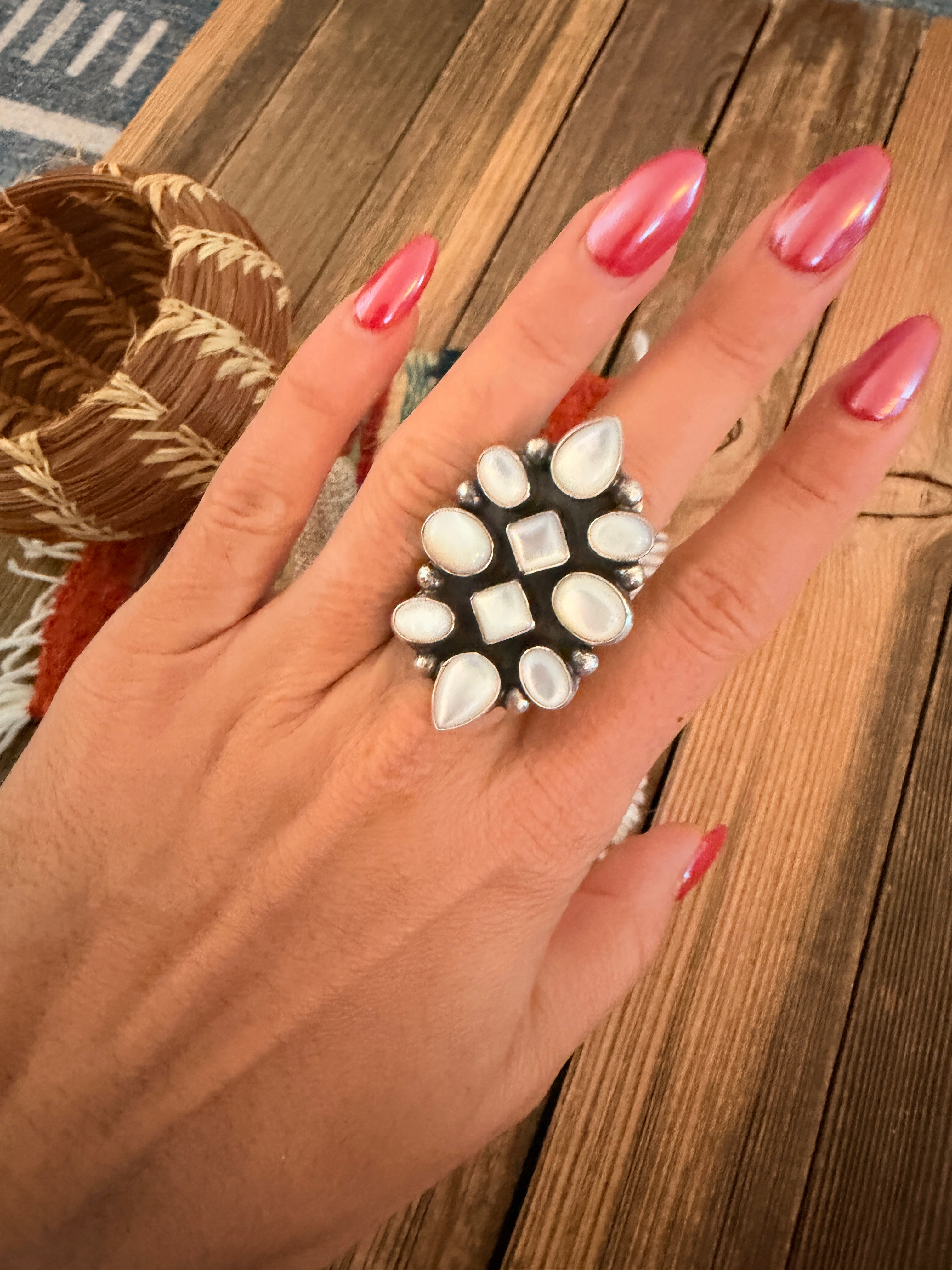 Handcrafted Mother of Pearl & Sterling Silver Cluster Ring Size 6 by Bonnie Benally