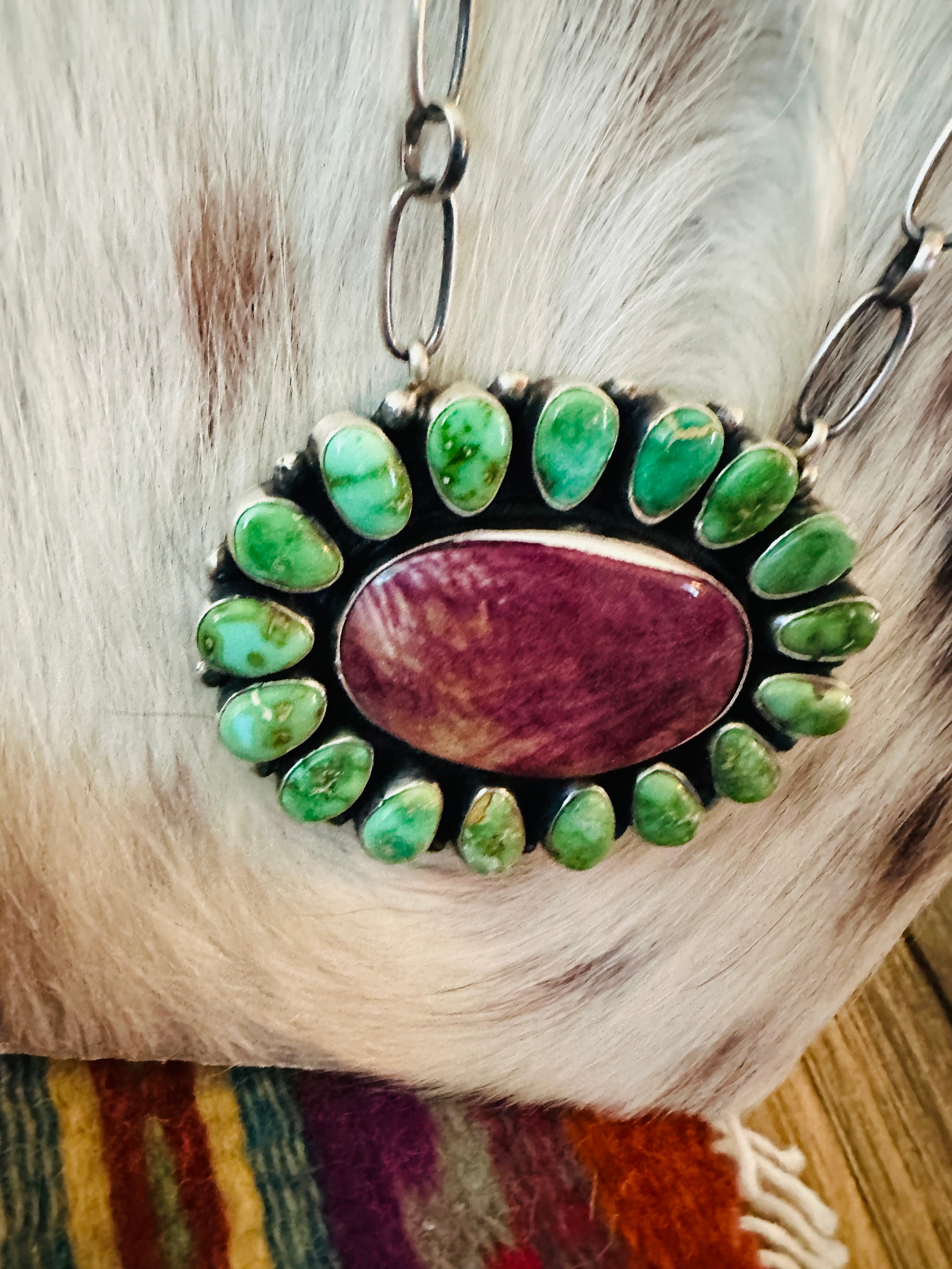 Handcrafted Turquoise, Spiny Oyster & Sterling Silver Cluster Necklace by Sheila Becenti