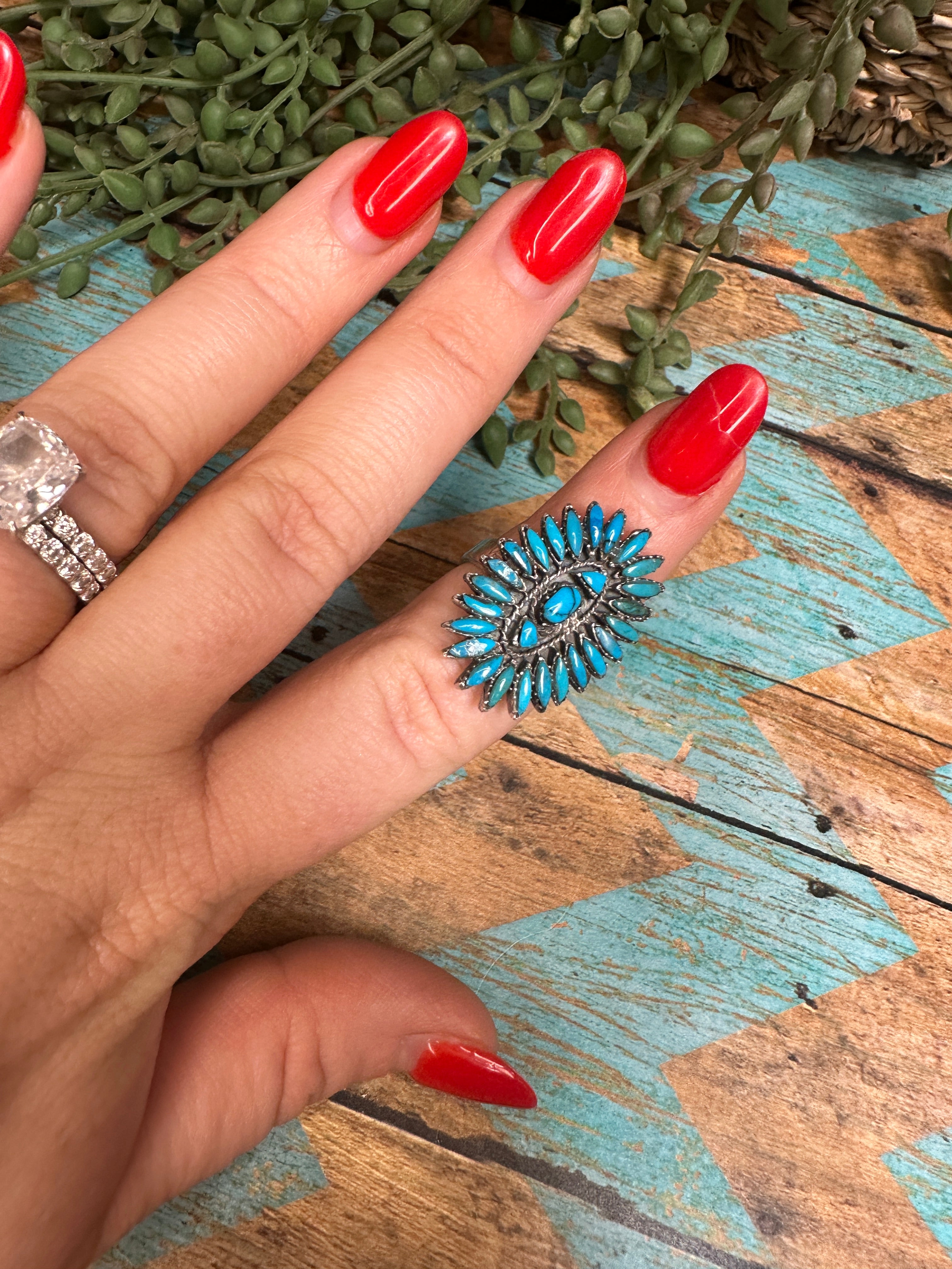 Handmade Sterling Silver & Needlepoint Turquoise Adjustable Ring