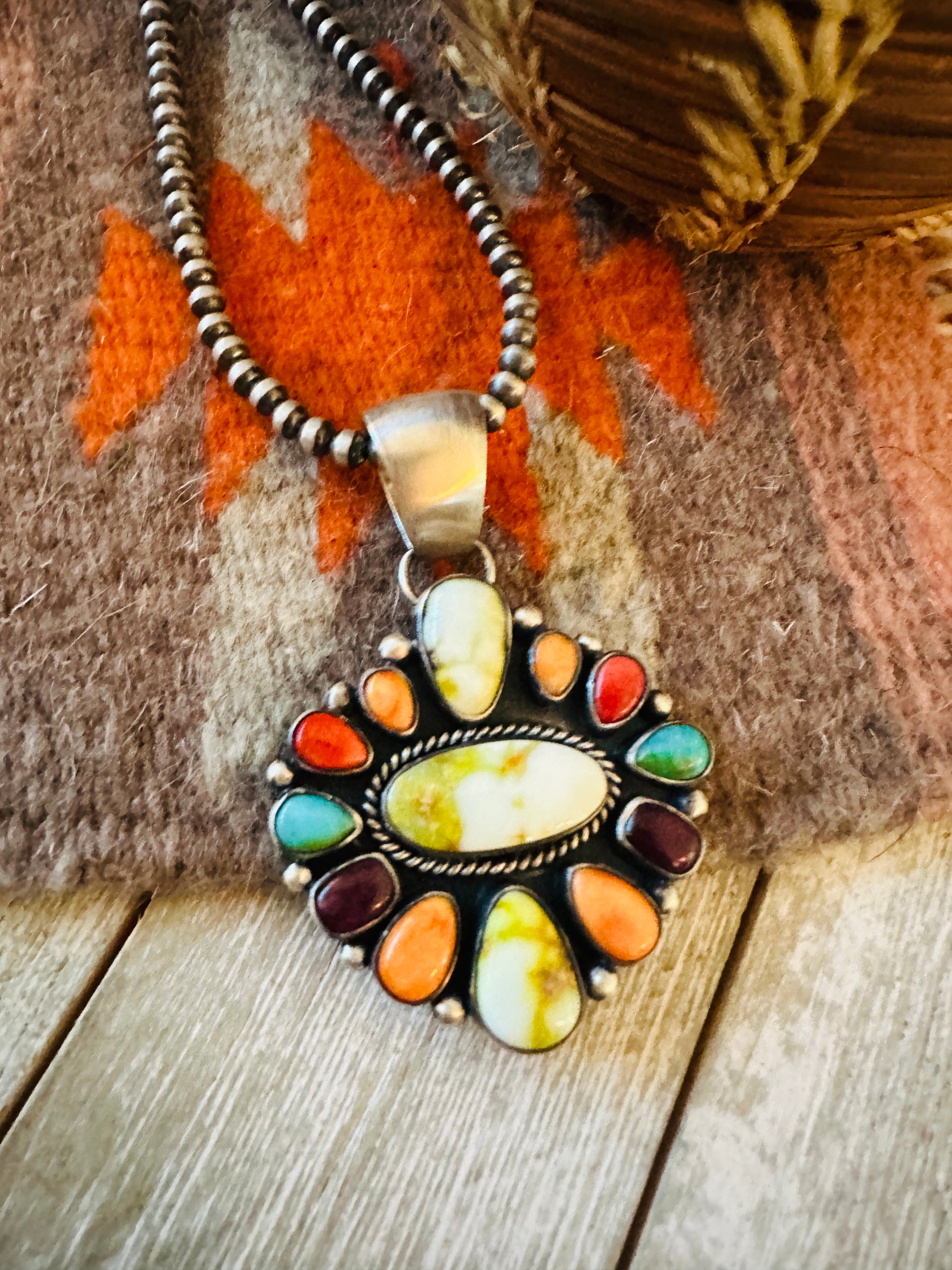 Handcrafted Electric Rainbow Turquoise, Spiny & Sterling Silver Cluster Pendant by Angela Martin