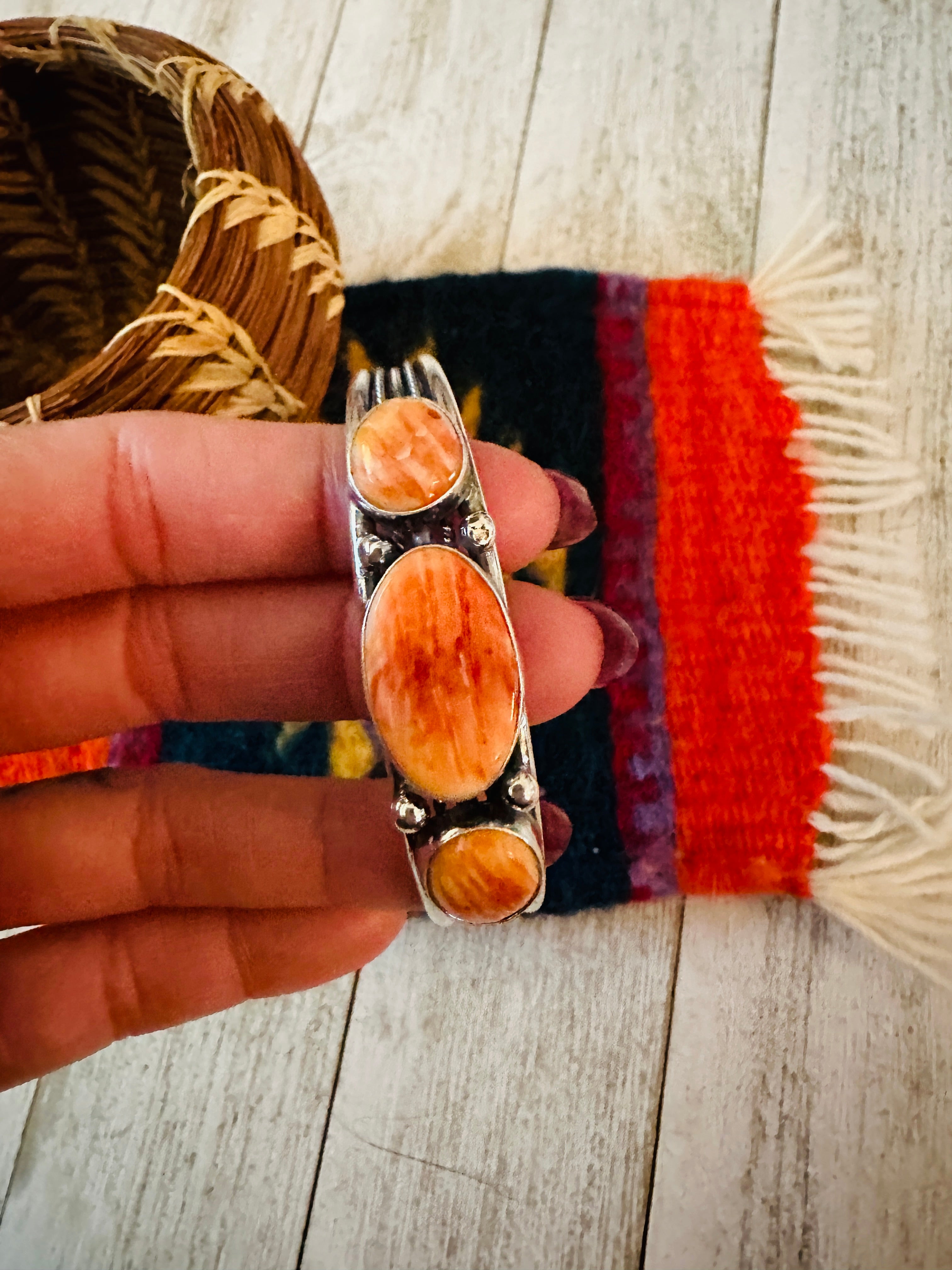 Navajo Sterling Silver & Orange Spiny Oyster Cuff Bracelet