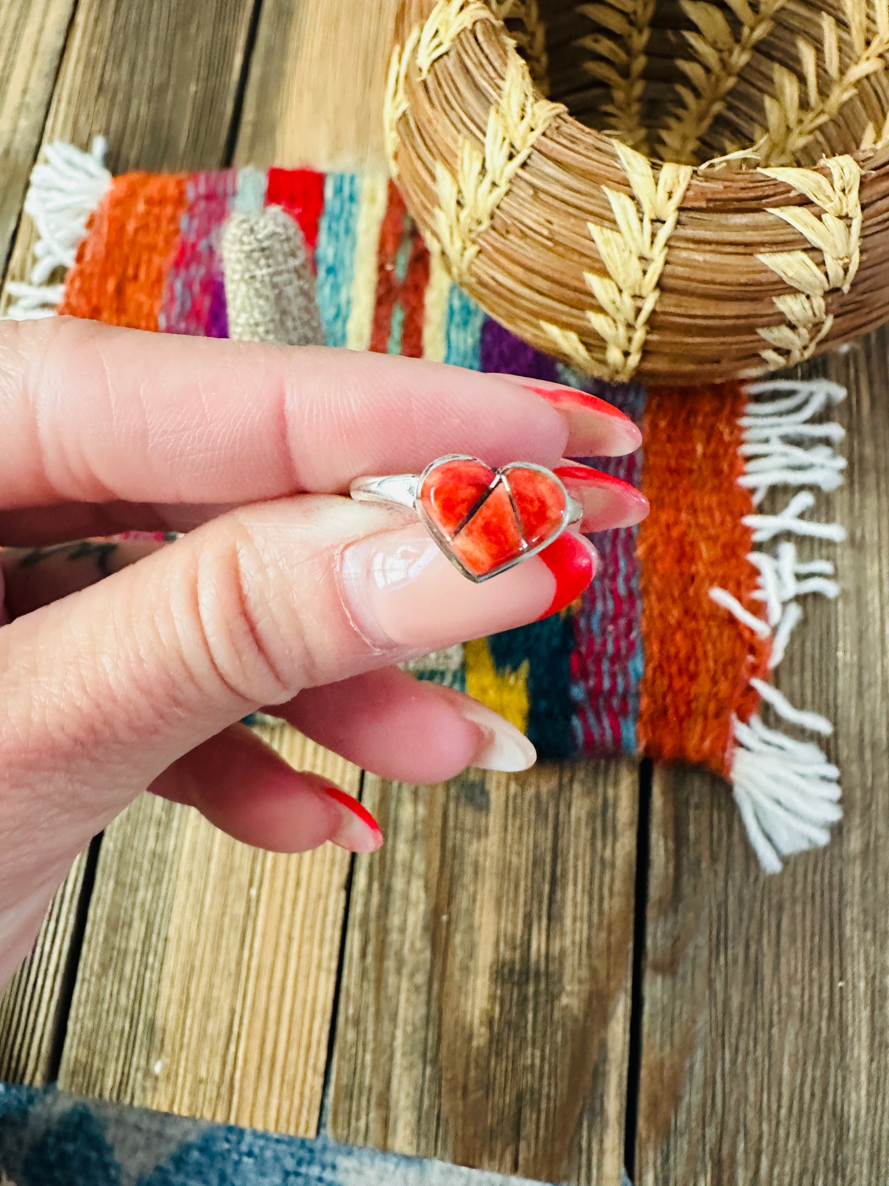 Handcrafted Spiny Oyster & Sterling Silver Inlay Heart Ring Size 6