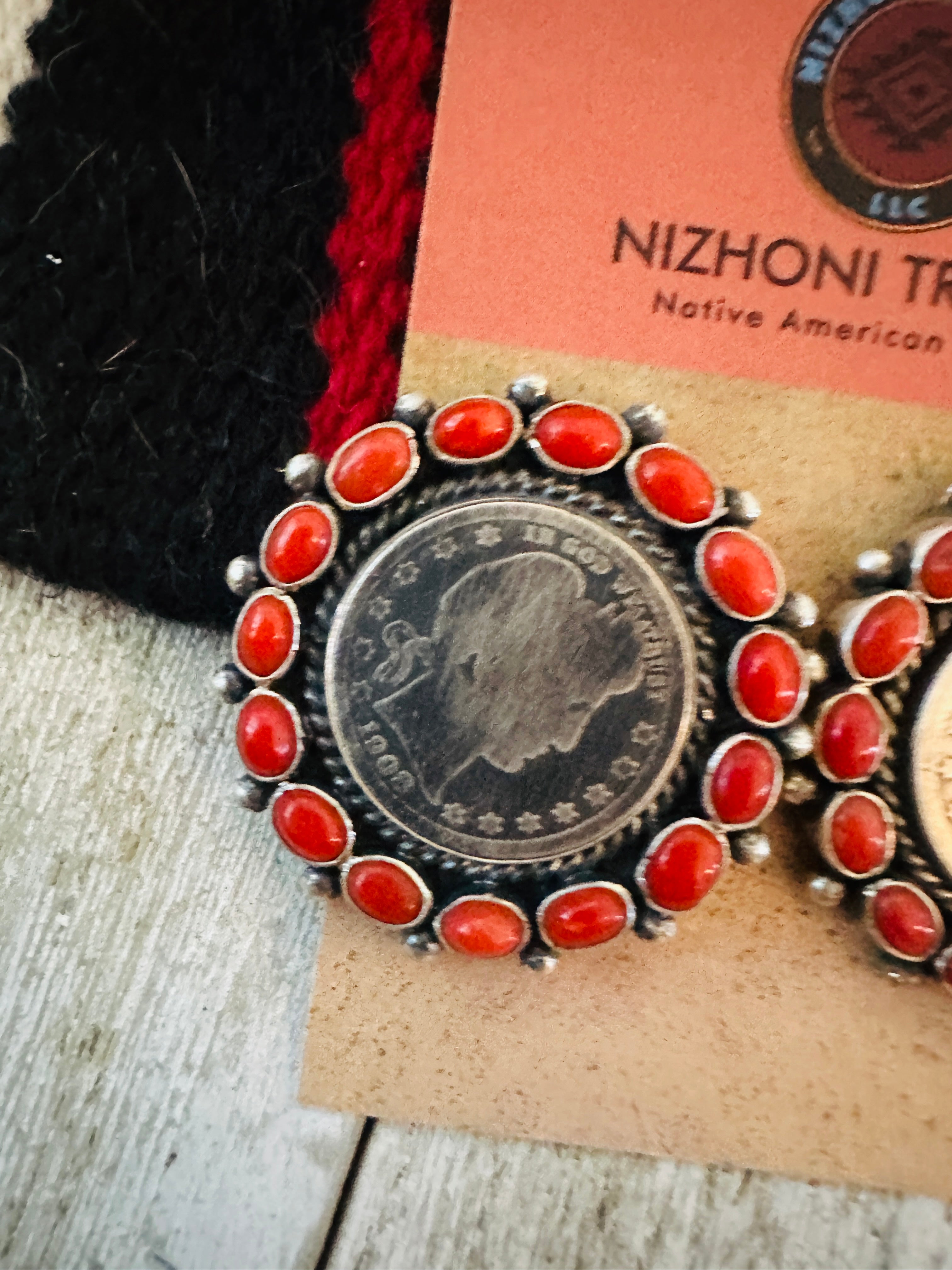 Handcrafted Sterling Silver and Coral Liberty Coin Earrings by Darrin Livingston