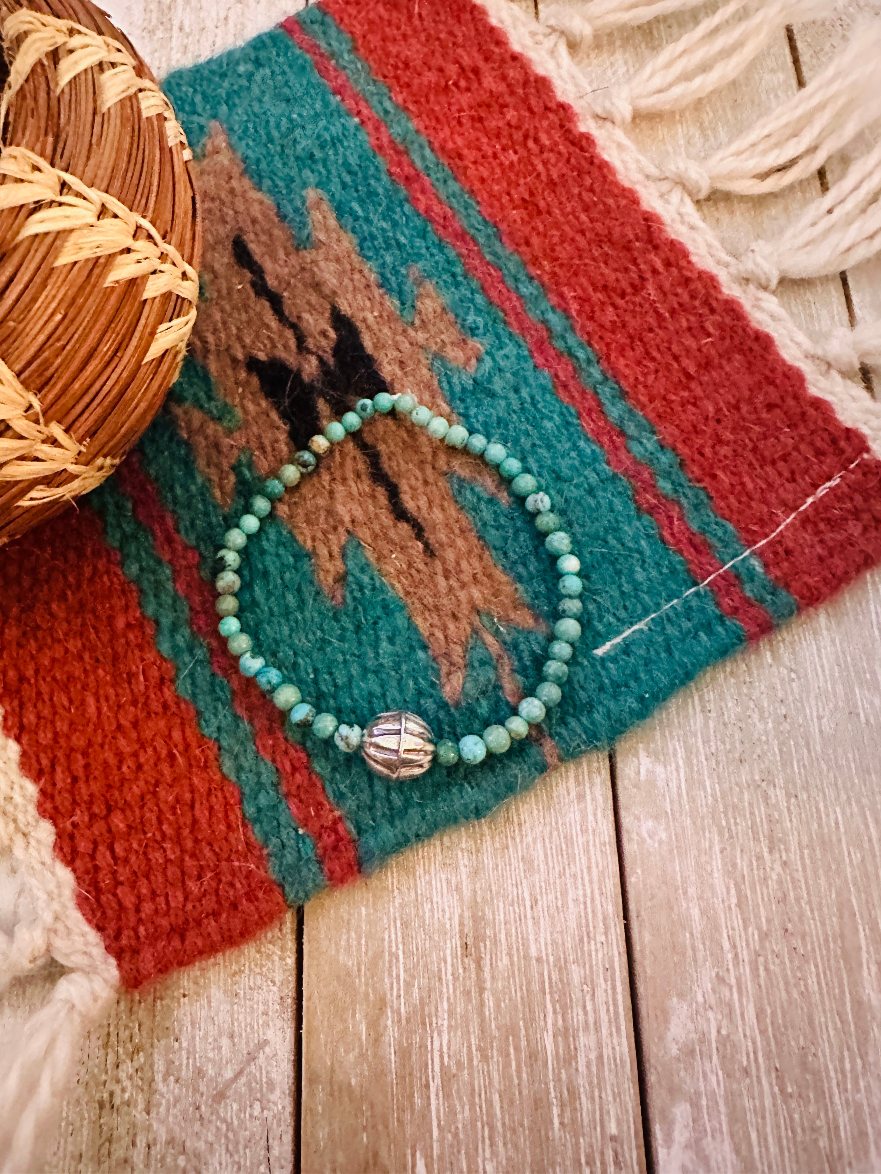 Handcrafted Turquoise & Sterling Silver Beaded Stretch Bracelet