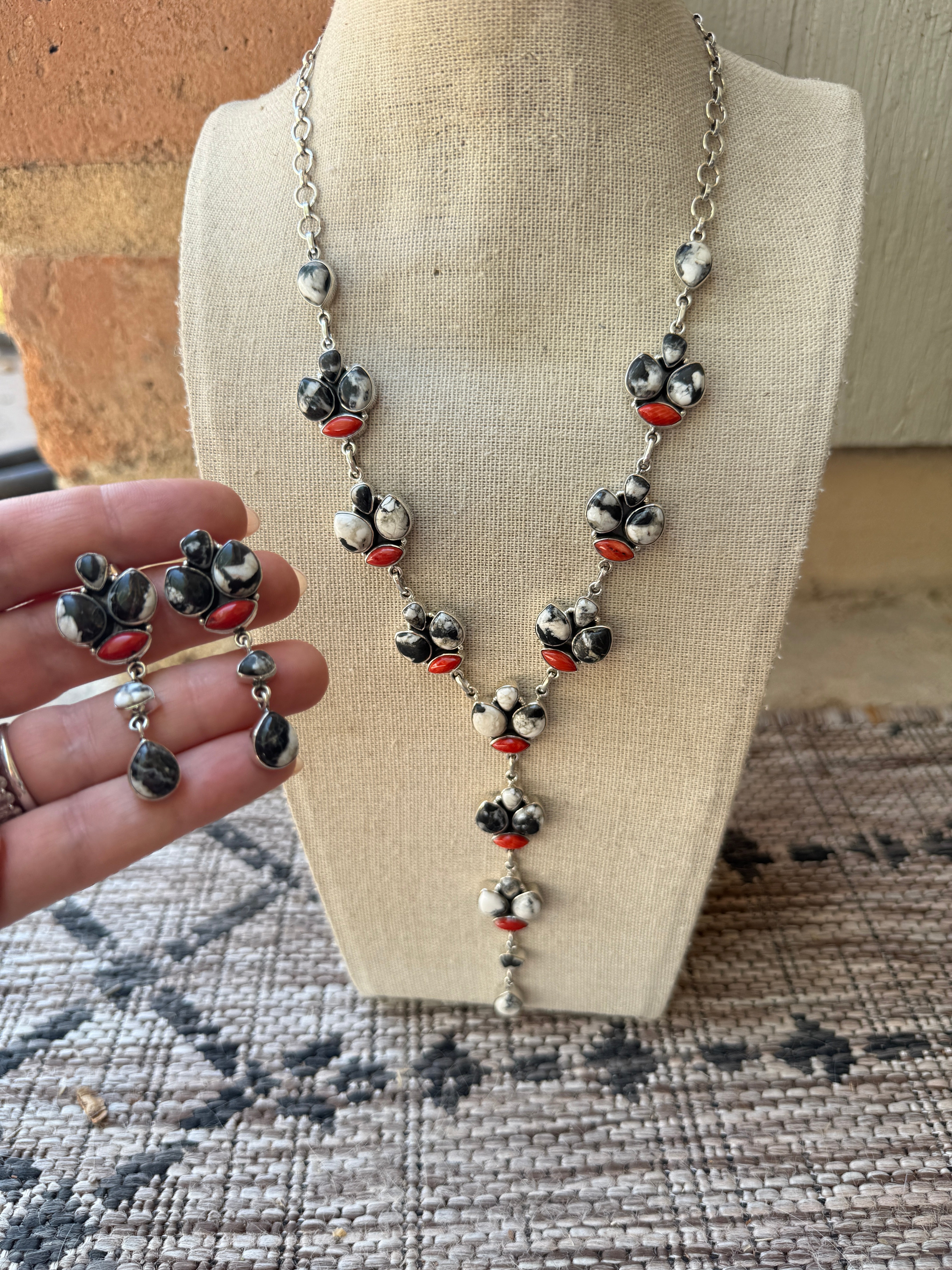 Handmade Sterling Silver, White Buffalo & Coral Necklace and Earring Set Signed Nizhoni