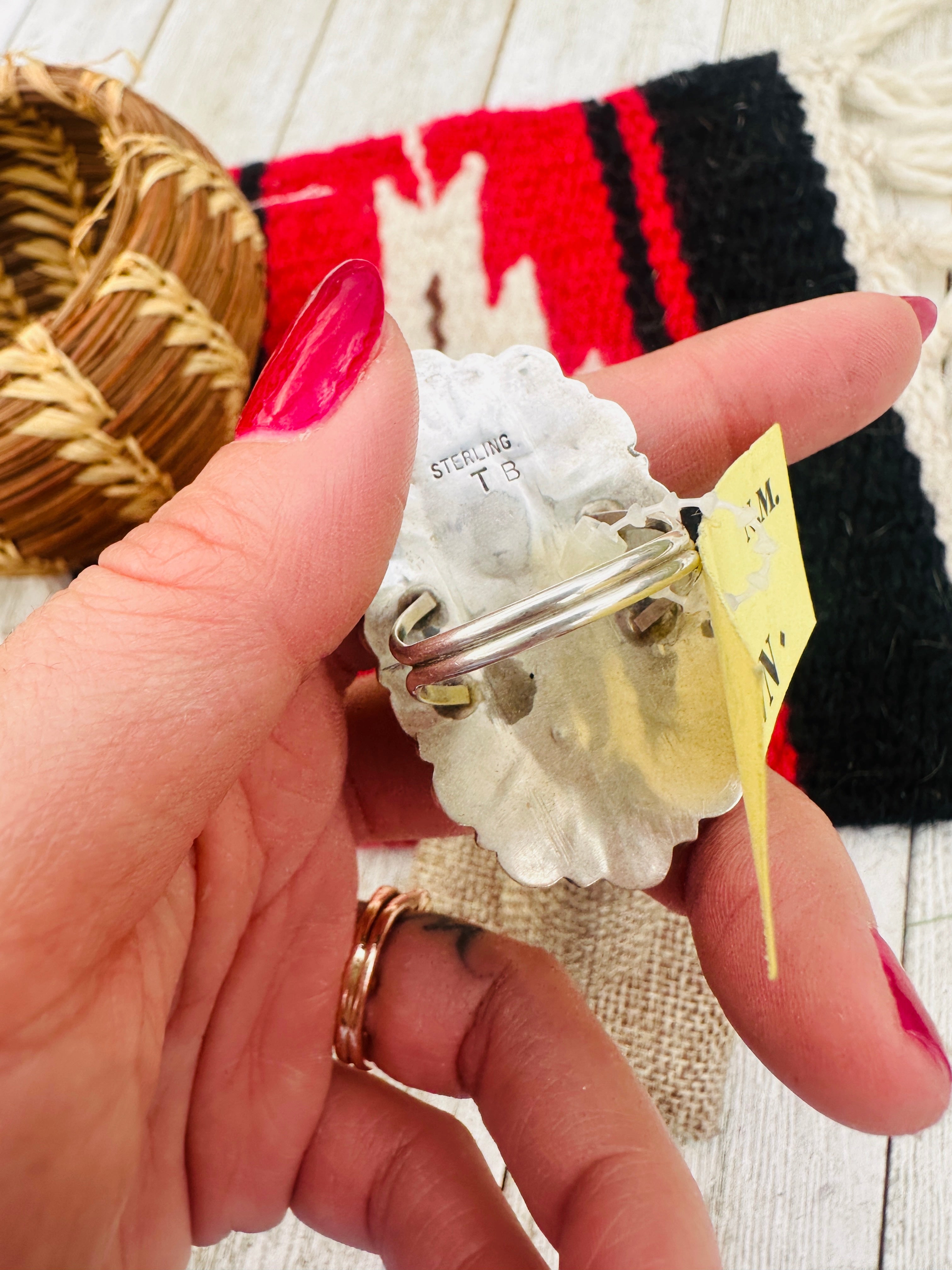 Old Pawn Handcrafted Turquoise & Sterling Silver Cluster Ring Size 9.5