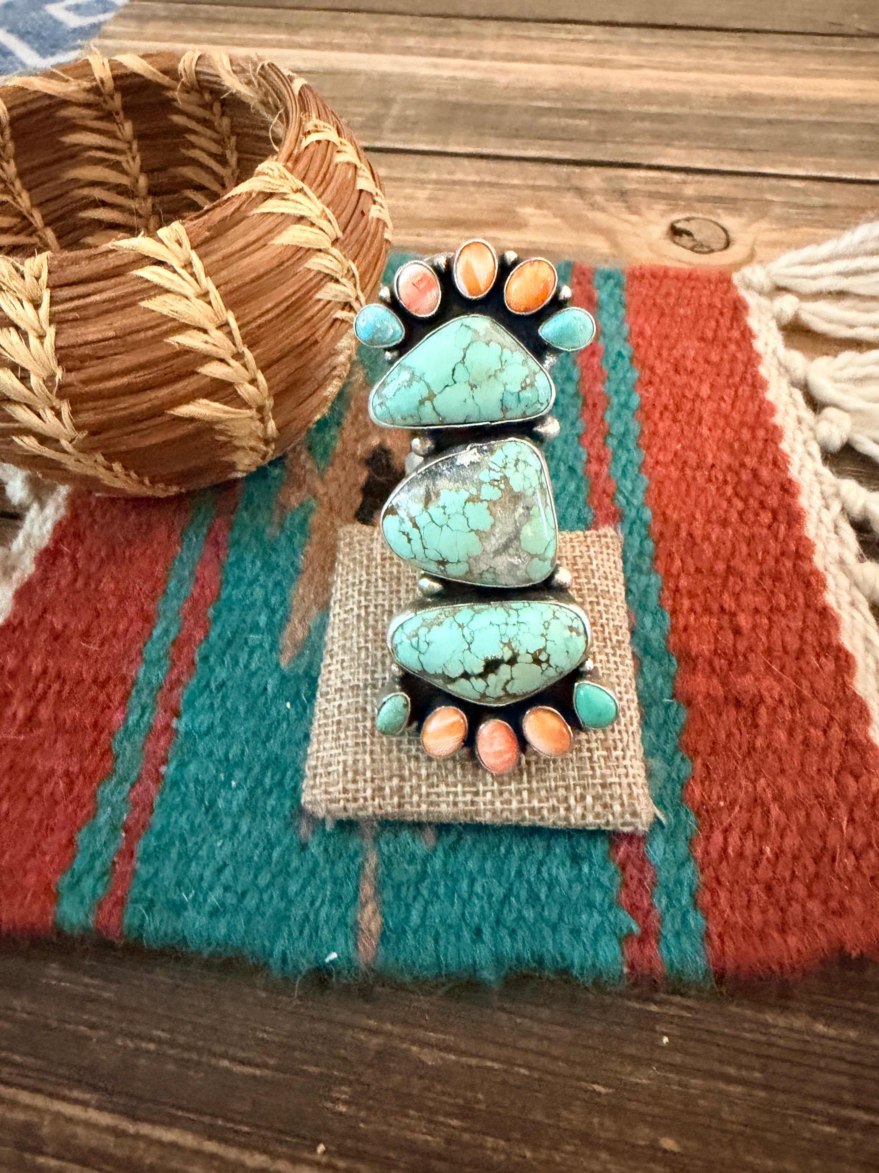 Handcrafted Spiny Oyster, Turquoise & Sterling Silver Cluster Ring by Sheila Becenti Size 10