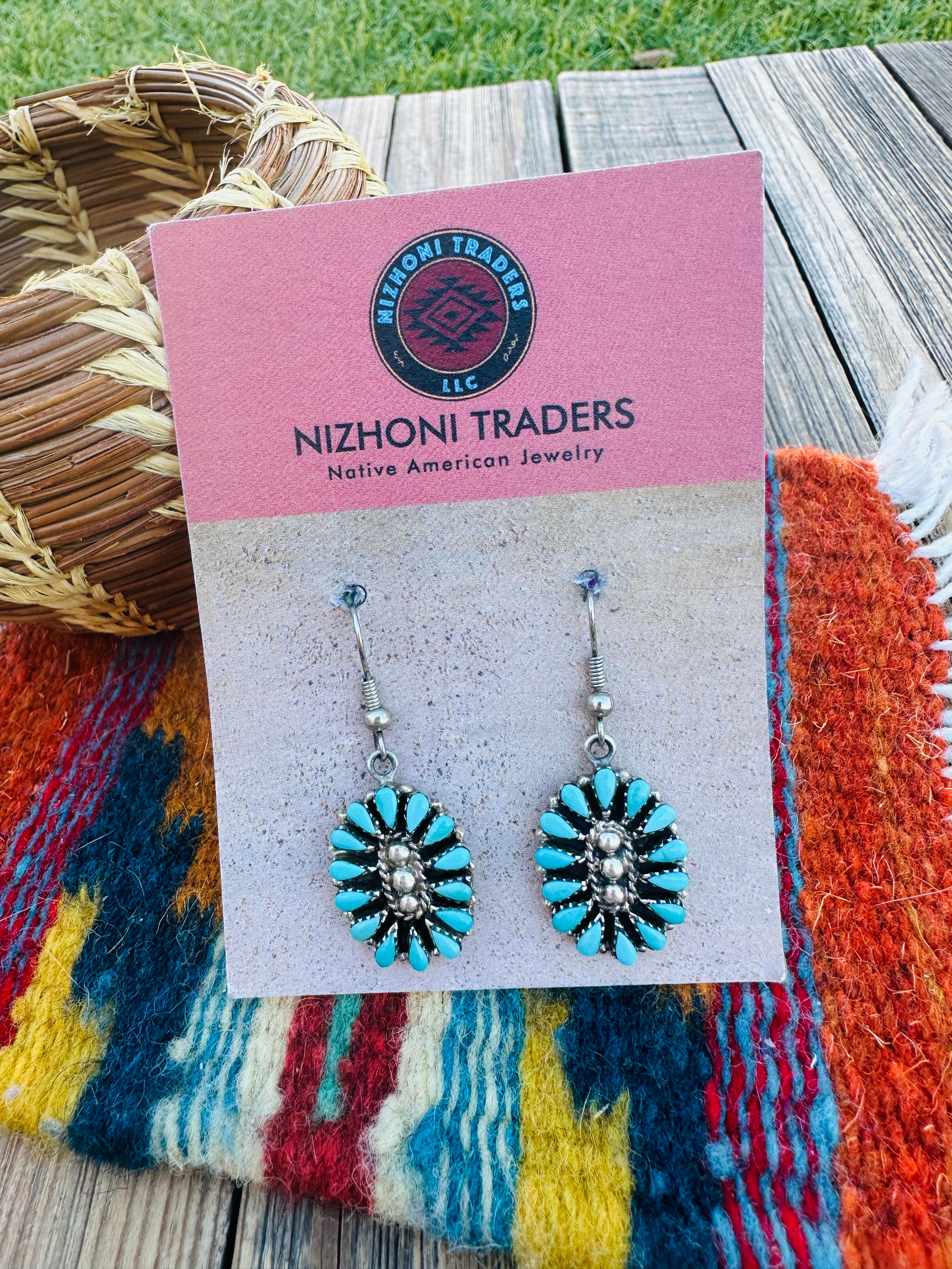 Handcrafted Old Pawn Sterling Silver & Turquoise Cluster Dangle Earrings