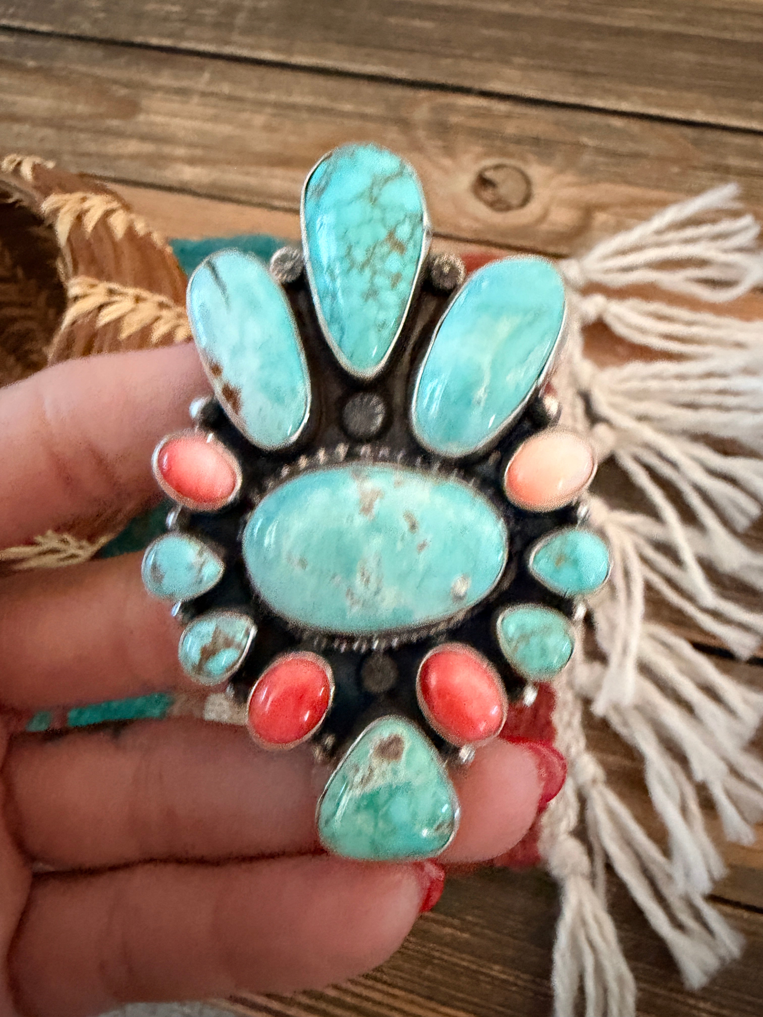 Handcrafted Spiny Oyster, Turquoise & Sterling Silver Cluster Ring by Sheila Becenti Size 7