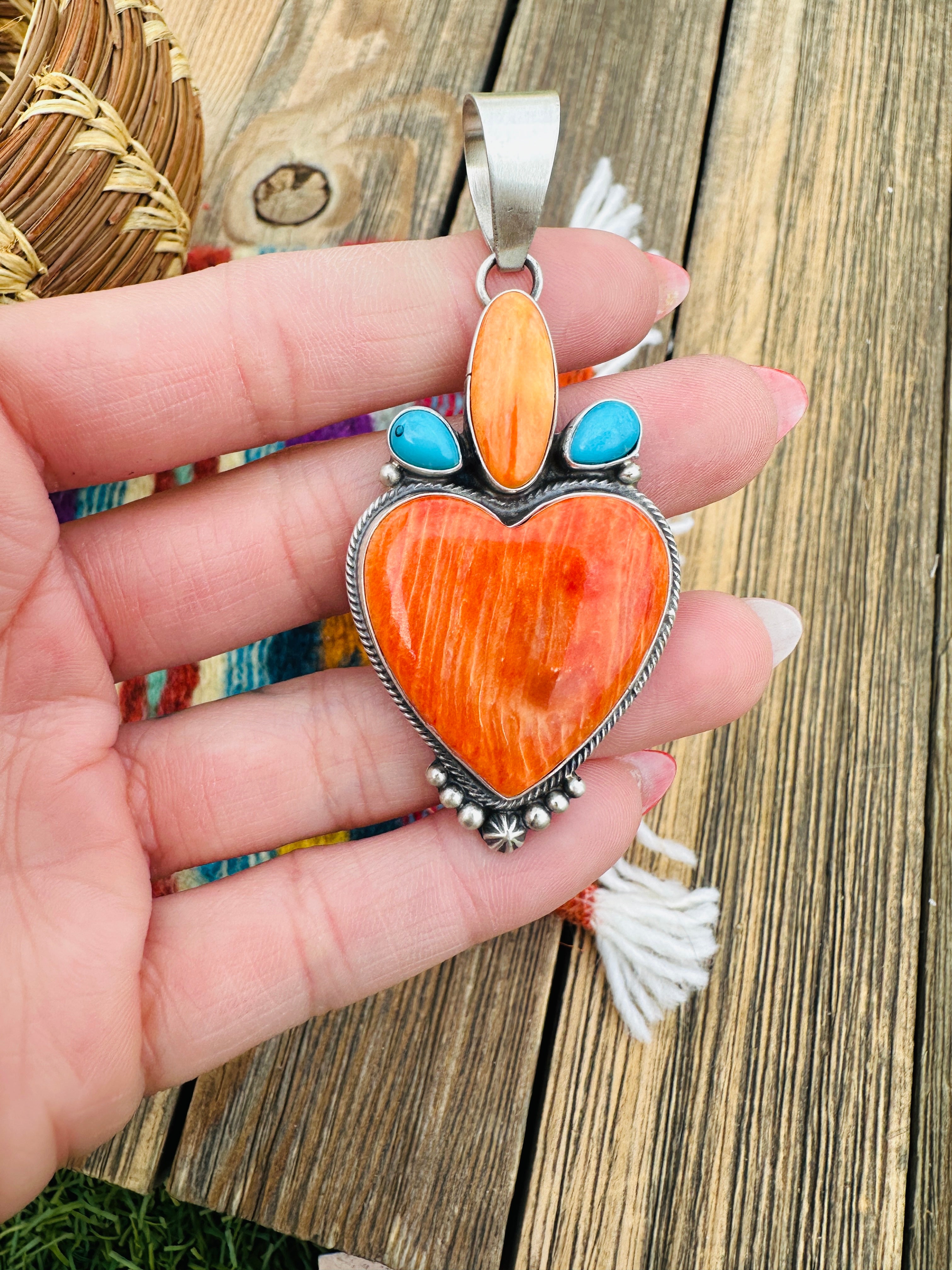 Handcrafted Spiny Oyster, Turquoise & Sterling Silver Heart Pendant