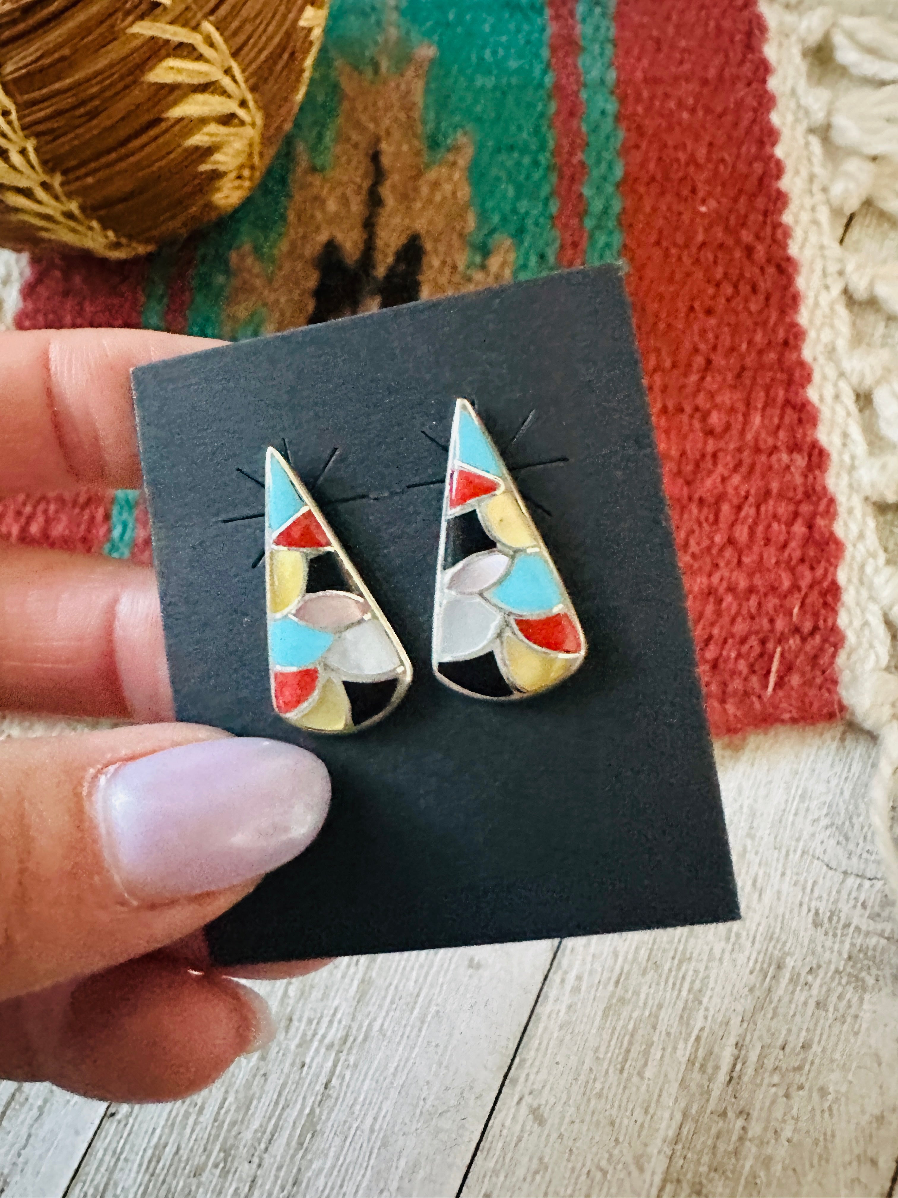 Handcrafted Multi Stone & Sterling Silver Inlay Post Earrings