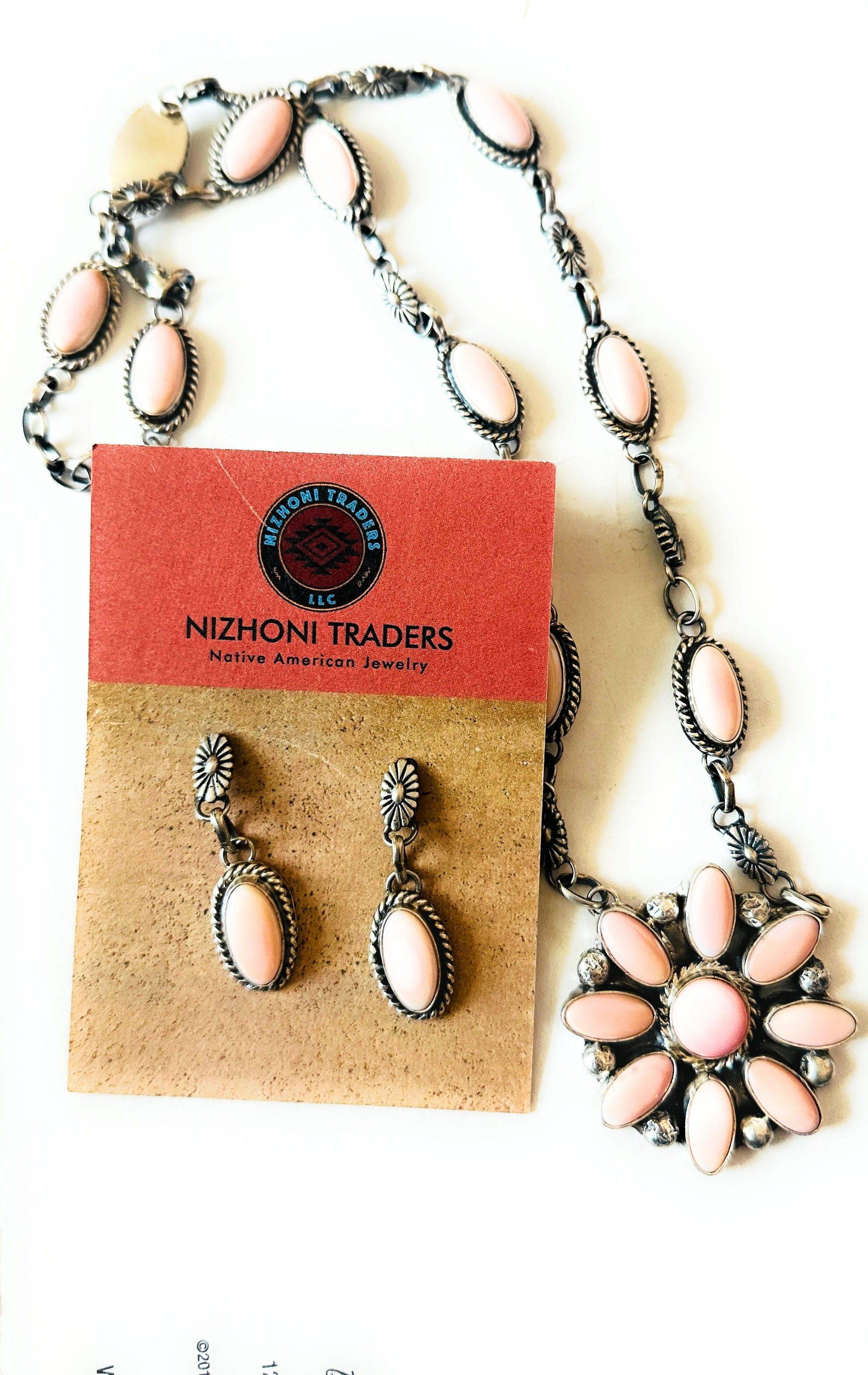 Navajo Queen Pink Conch & Sterling Silver Necklace Set