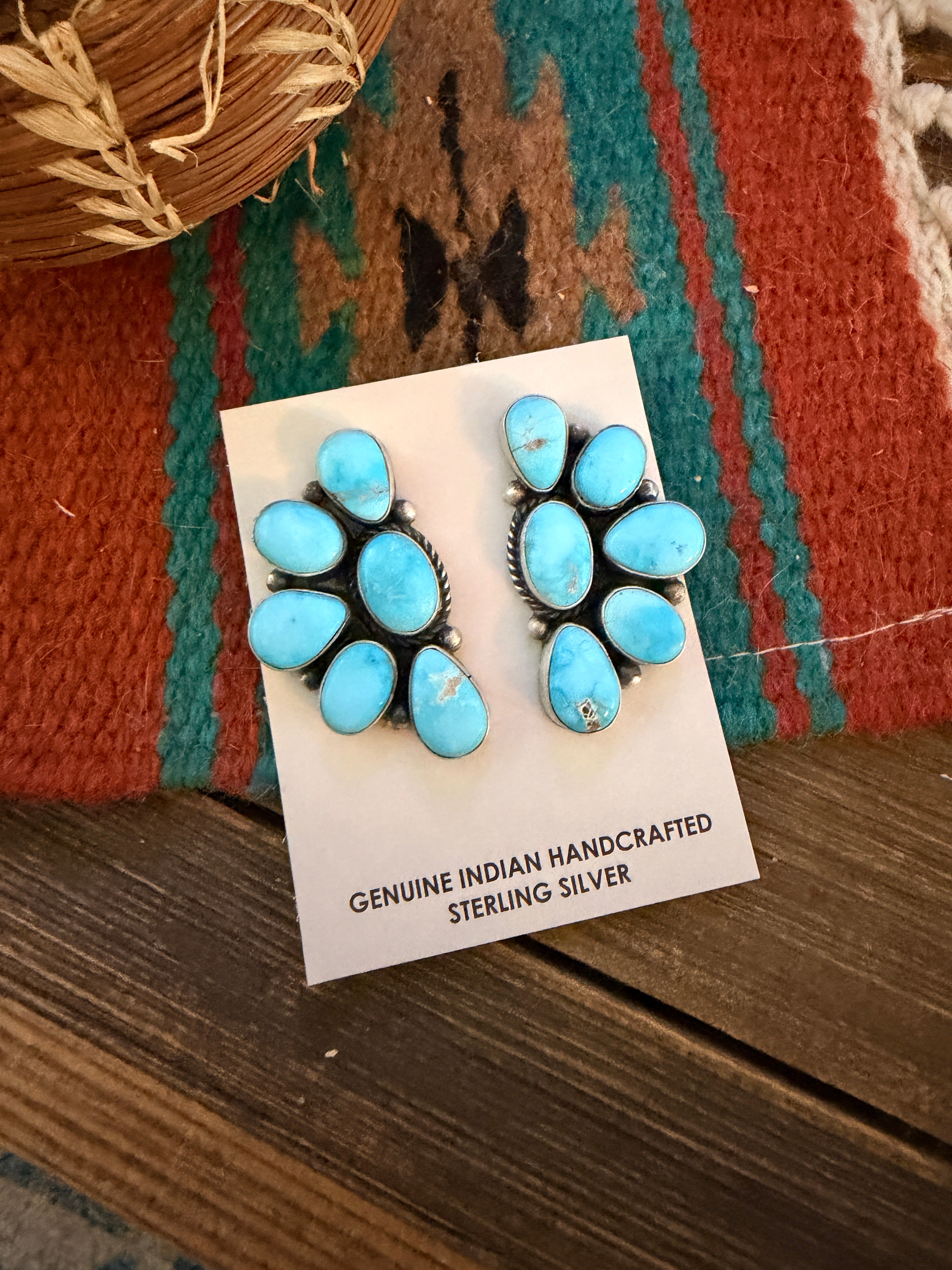 Handcrafted Sleeping Beauty Turquoise & Sterling Silver Cluster Post Earrings