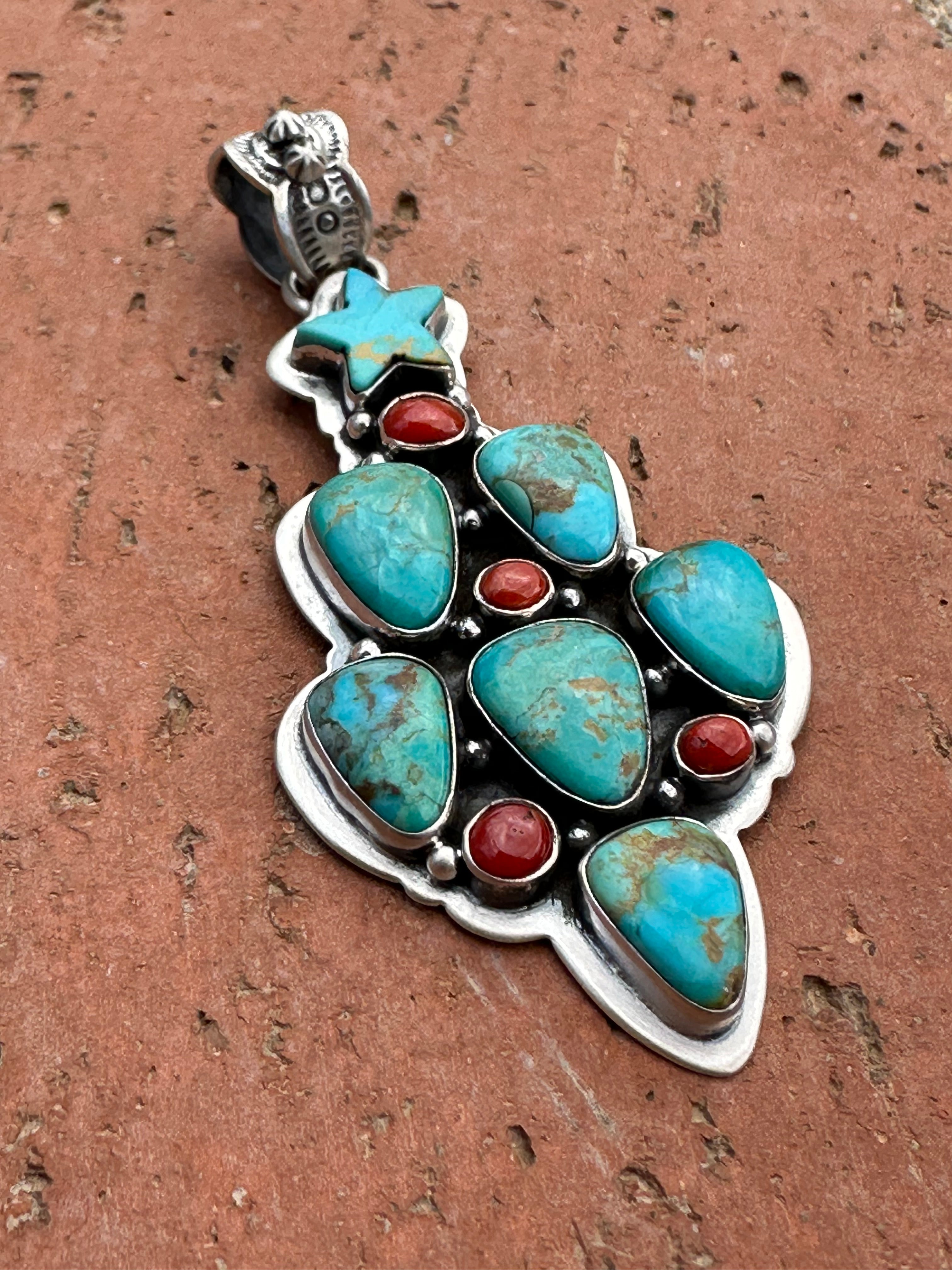 Handmade Sterling Silver, Coral & Turquoise Christmas Tree Pendant