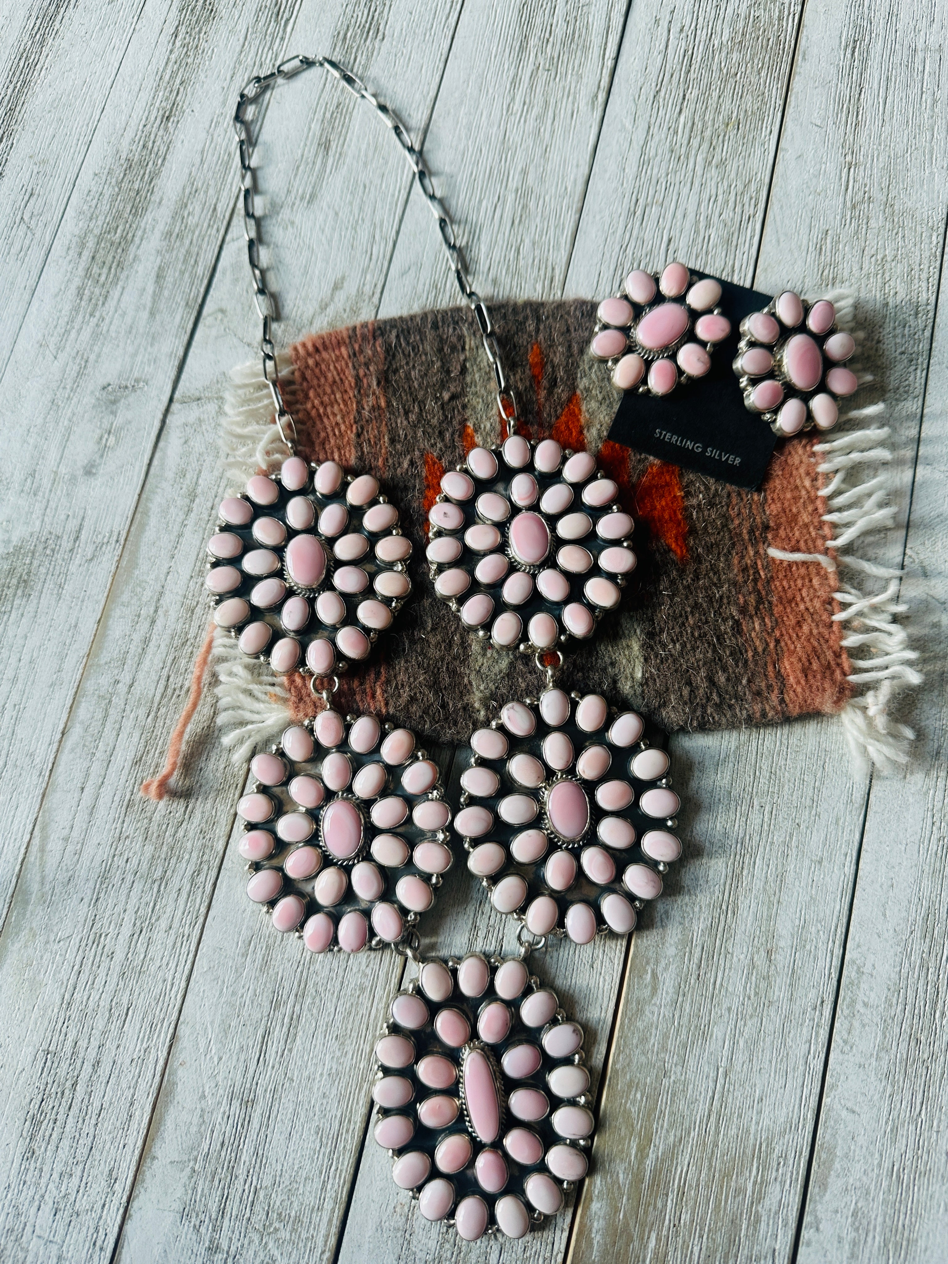 Navajo Queen Pink Conch & Sterling Silver Cluster Necklace Set