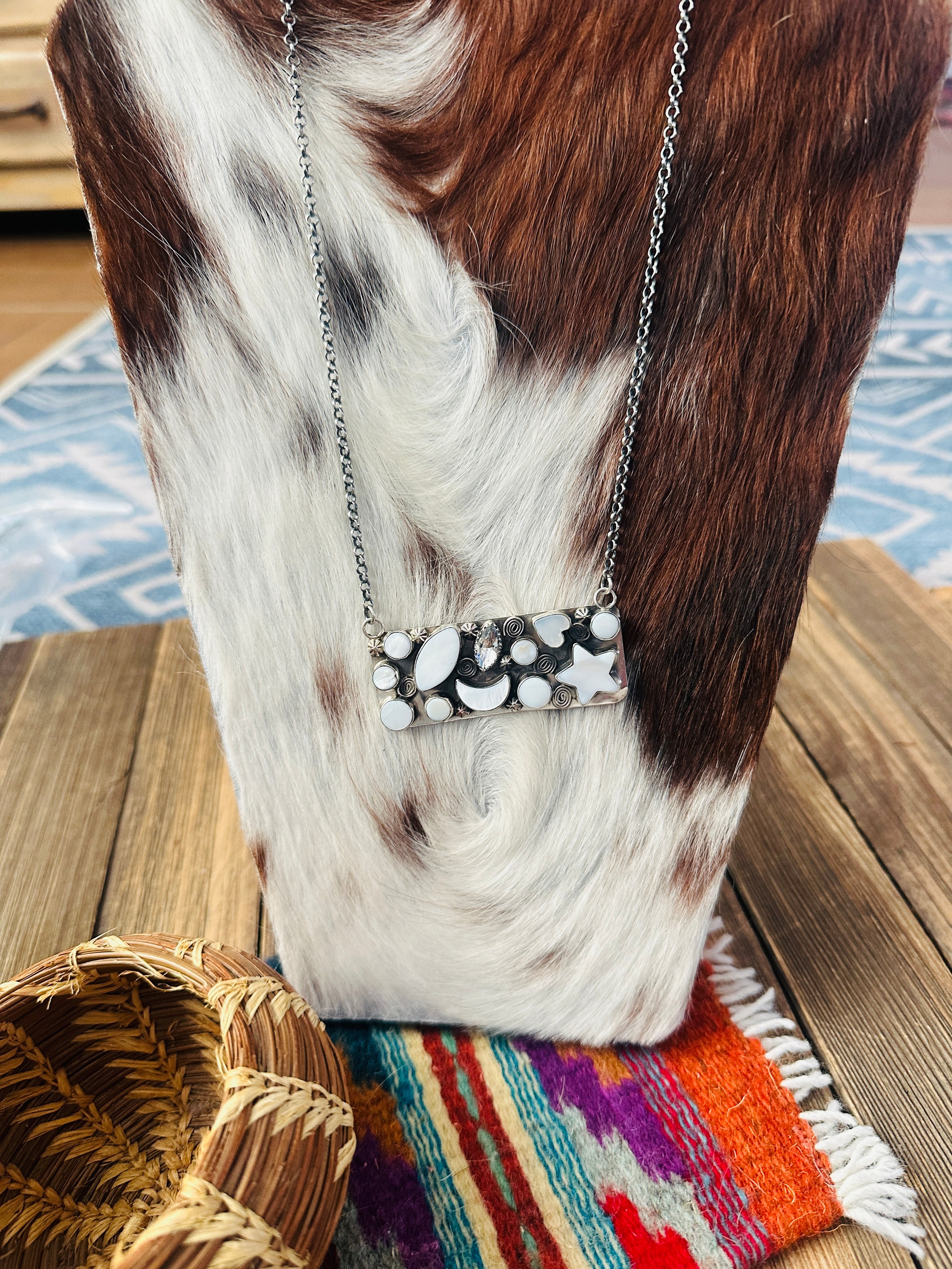 Handcrafted Mother of Pearl, CZ & Sterling Silver Bar Necklace by Jacqueline Silver